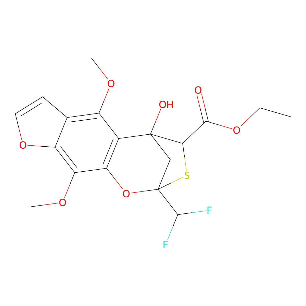 Ethyl 2-difluoromethyl-5-hydroxy-6,10-dimethoxy-4,5-dihydro-2,5-methanofuro[3,2-H][1,3]benzoxathiepine-4-carboxylate molecular structure, CAS 568596-69-0