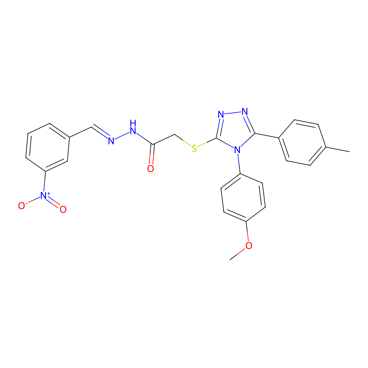 2-[[4-(4-methoxyphenyl)-5-(4-methylphenyl)-1,2,4-triazol-3-yl]sulfanyl]-N-[(3-nitrophenyl)methylideneamino]acetamide molecular structure, CAS 5687-54-7