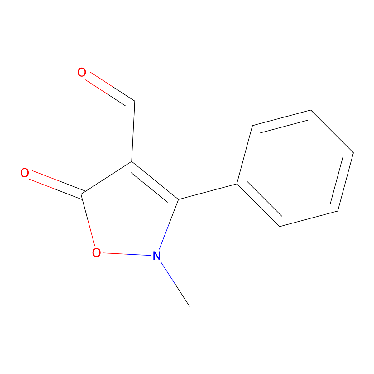 4-Isoxazolecarboxaldehyde, 2,5-dihydro-2-methyl-5-oxo-3-phenyl- molecular structure, CAS 56878-25-2