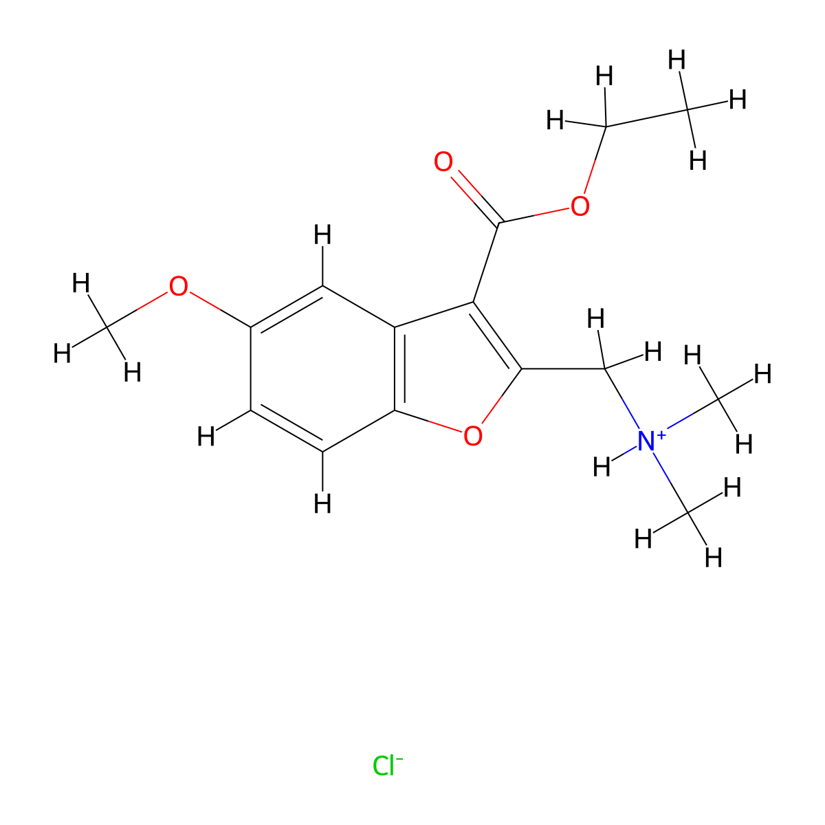 3-Benzofurancarboxylic acid, 2-((dimethylamino)methyl)-5-methoxy-, ethyl ester, hydrochloride molecular structure, CAS 56879-60-8