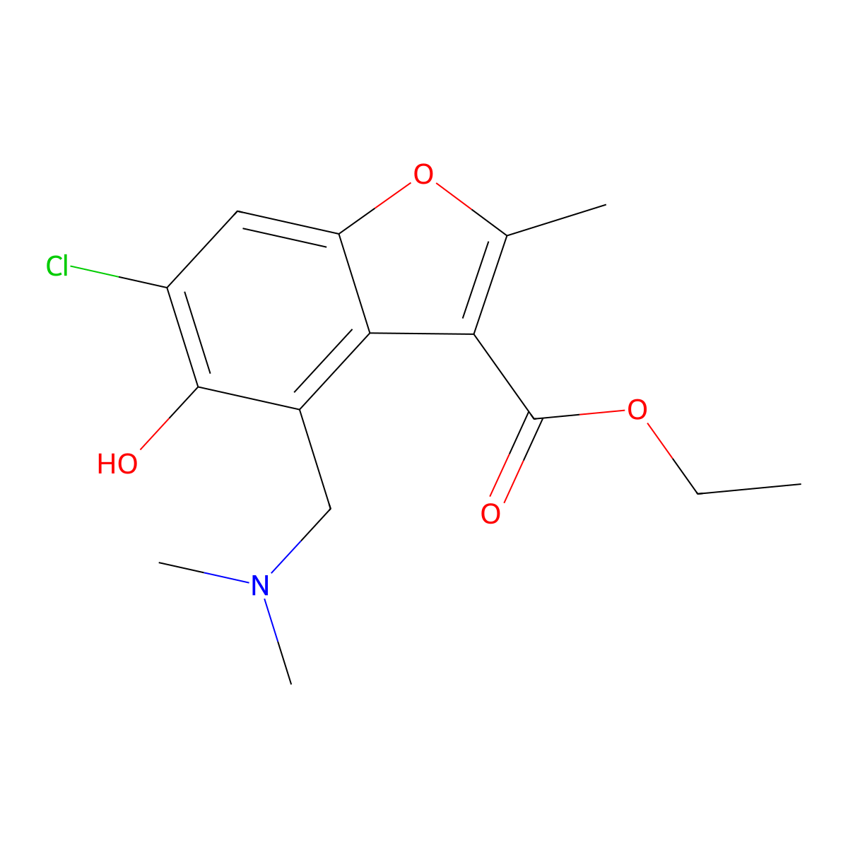 3-Benzofurancarboxylic acid, 6-chloro-4-(dimethylaminomethyl)-5-hydroxy-2-methyl-, ethyl ester molecular structure, CAS 56879-64-2
