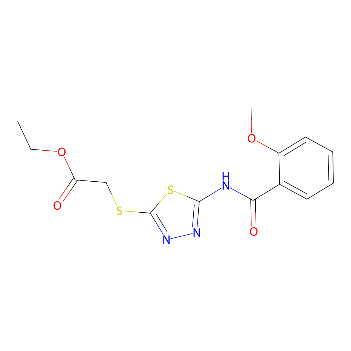 Ethyl 2-((5-(2-methoxybenzamido)-1,3,4-thiadiazol-2-yl)thio)acetate molecular structure, CAS 56890-75-6