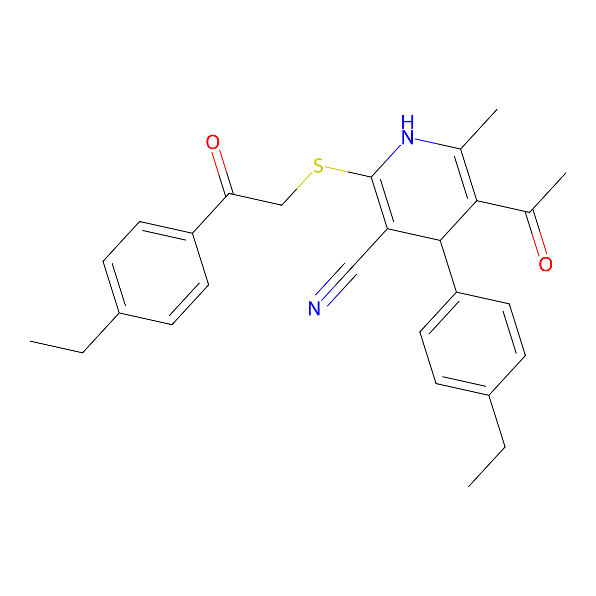 5-Acetyl-4-(4-ethylphenyl)-2-[2-(4-ethylphenyl)-2-oxo-ethyl]sulfanyl-6-methyl-1,4-dihydropyridine-3-carbonitrile molecular structure, CAS 5691-14-5