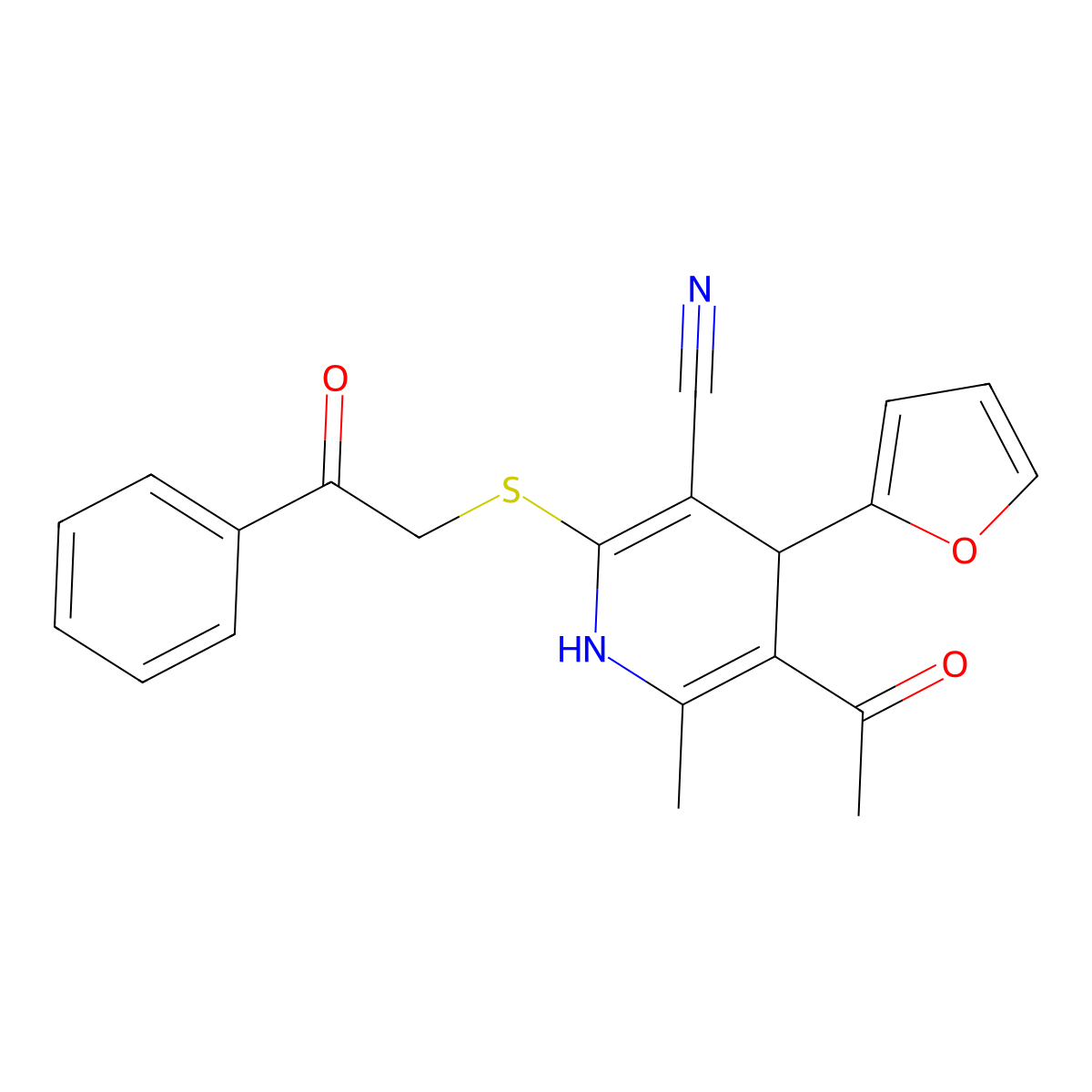 5-Acetyl-4-(furan-2-yl)-6-methyl-2-phenacylsulfanyl-1,4-dihydropyridine-3-carbonitrile molecular structure, CAS 5691-17-8