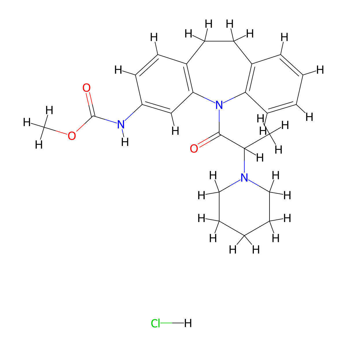 methyl N-[11-(2-piperidin-1-ylpropanoyl)-5,6-dihydrobenzo[b][1]benzazepin-2-yl]carbamate;hydrochloride molecular structure, CAS 5691-55-4
