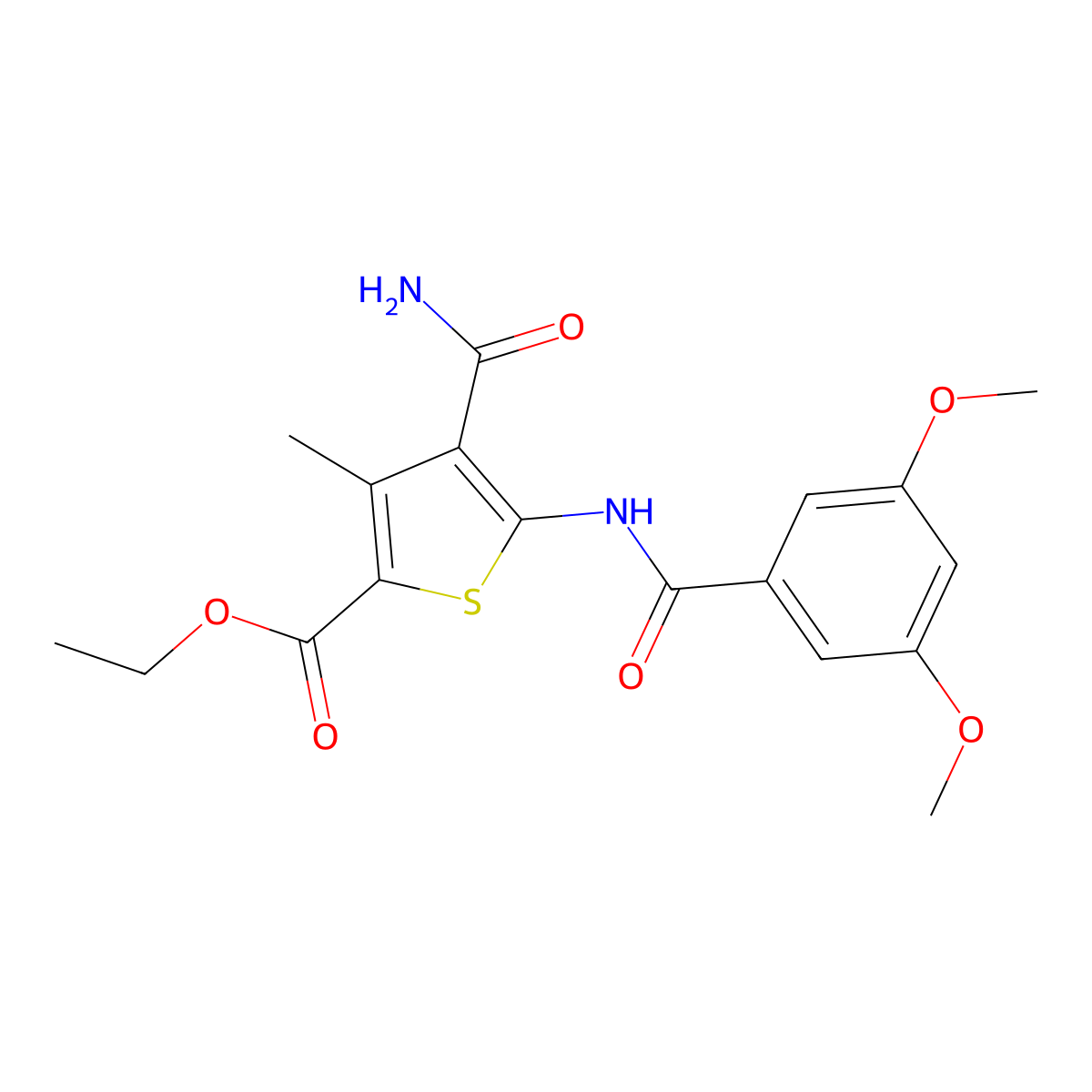 Ethyl 4-carbamoyl-5-[(3,5-dimethoxybenzoyl)amino]-3-methylthiophene-2-carboxylate molecular structure, CAS 5691-69-0