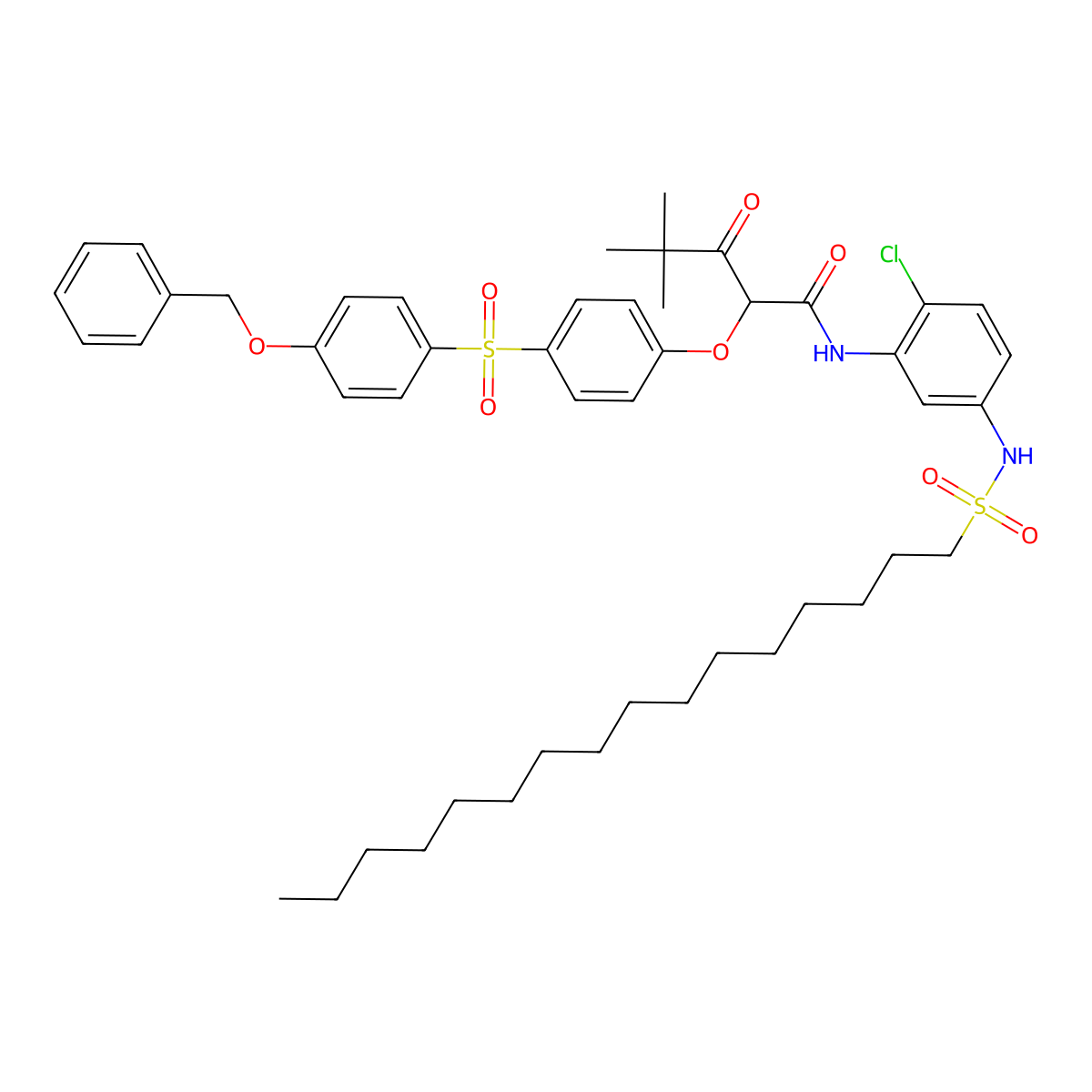 Pentanamide, N-[2-chloro-5-[(hexadecylsulfonyl)amino]phenyl]-4,4-dimethyl-3-oxo-2-[4-[[4-(phenylmethoxy)phenyl]sulfonyl]phenoxy]- molecular structure, CAS 56912-29-9