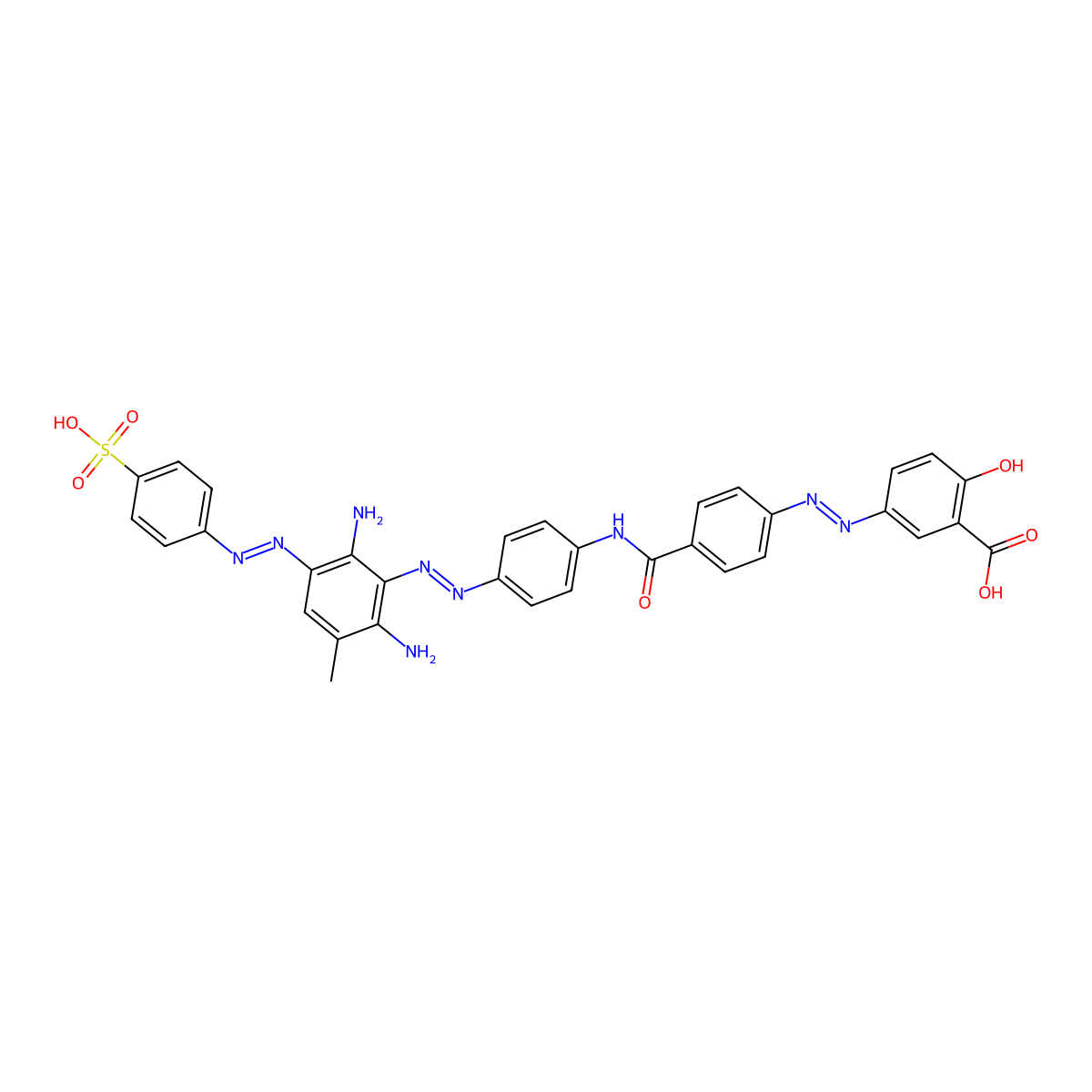 Benzoic acid, 5-[[4-[[[4-[[2,6-diamino-3-methyl-5-[(4-sulfophenyl)azo]phenyl]azo]phenyl]amino]carbonyl]phenyl]azo]-2-hydroxy- molecular structure, CAS 56918-92-4