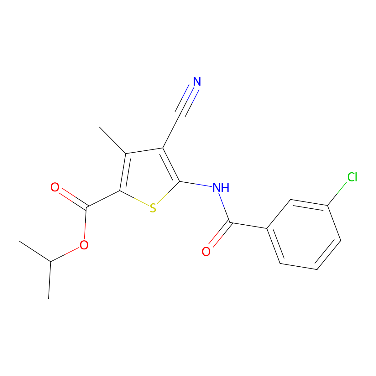 Propan-2-yl 5-[(3-chlorobenzoyl)amino]-4-cyano-3-methylthiophene-2-carboxylate molecular structure, CAS 5692-21-7