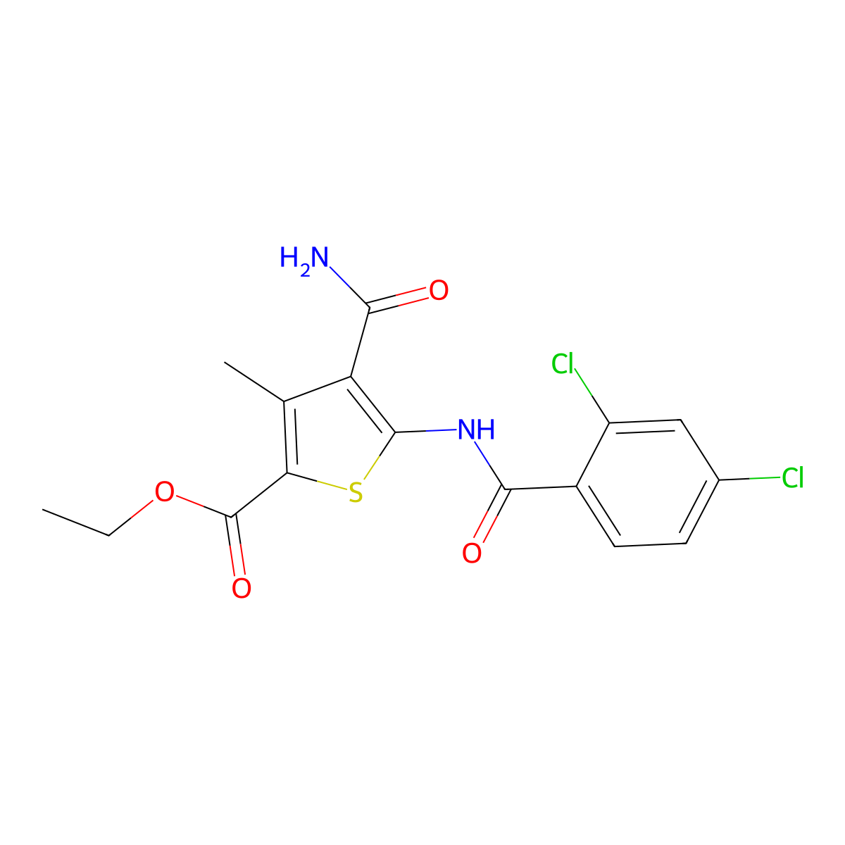 Ethyl 4-(aminocarbonyl)-5-[(2,4-dichlorobenzoyl)amino]-3-methyl-2-thiophenecarboxylate molecular structure, CAS 5692-61-5