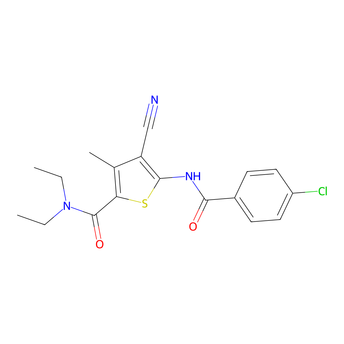 5-{[(4-chlorophenyl)carbonyl]amino}-4-cyano-N,N-diethyl-3-methylthiophene-2-carboxamide molecular structure, CAS 5693-10-7