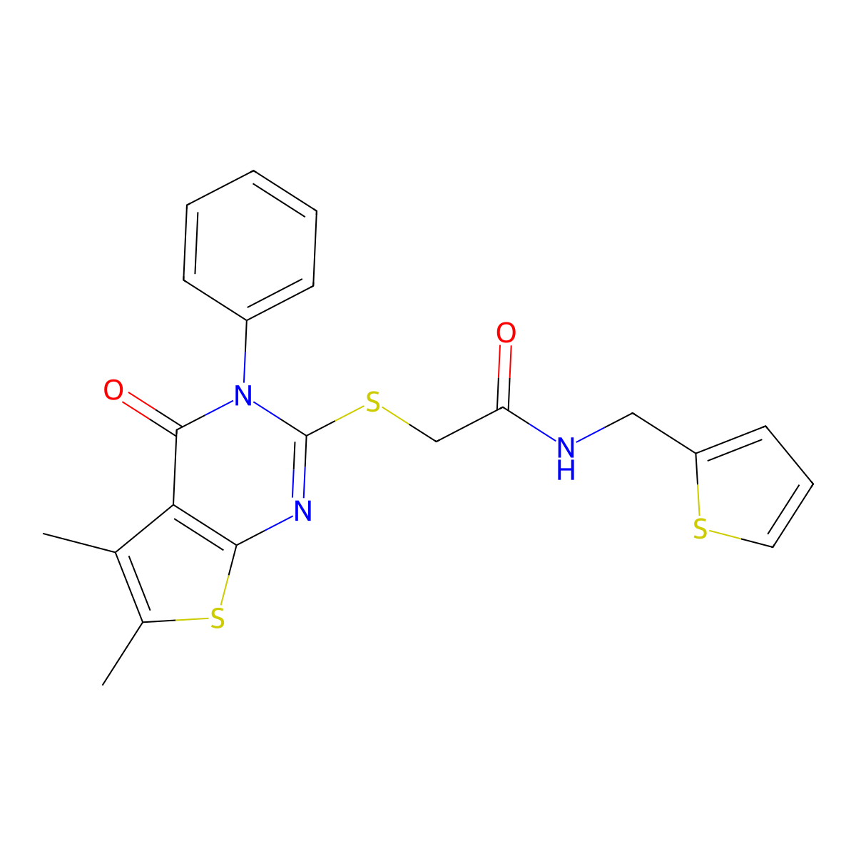 2-(5,6-dimethyl-4-oxo-3-phenylthieno[2,3-d]pyrimidin-2-yl)sulfanyl-N-(thiophen-2-ylmethyl)acetamide molecular structure, CAS 569321-15-9