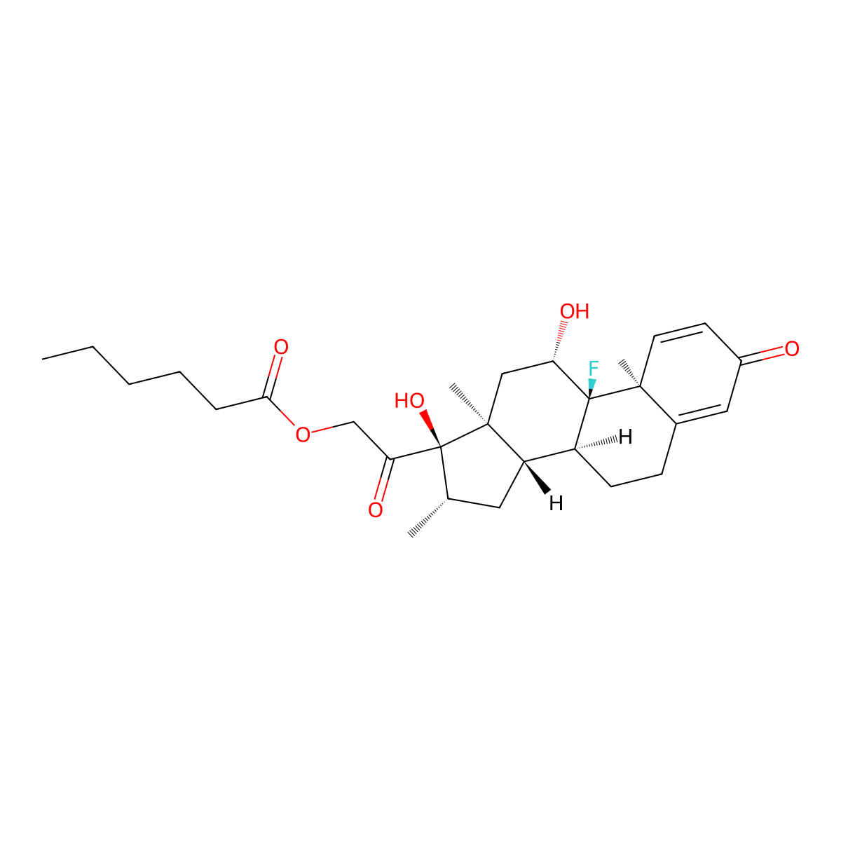 9-Fluoro-11beta,17,21-trihydroxy-16beta-methylpregna-1,4-diene-3,20-dione 21-hexanoate molecular structure, CAS 56933-61-0