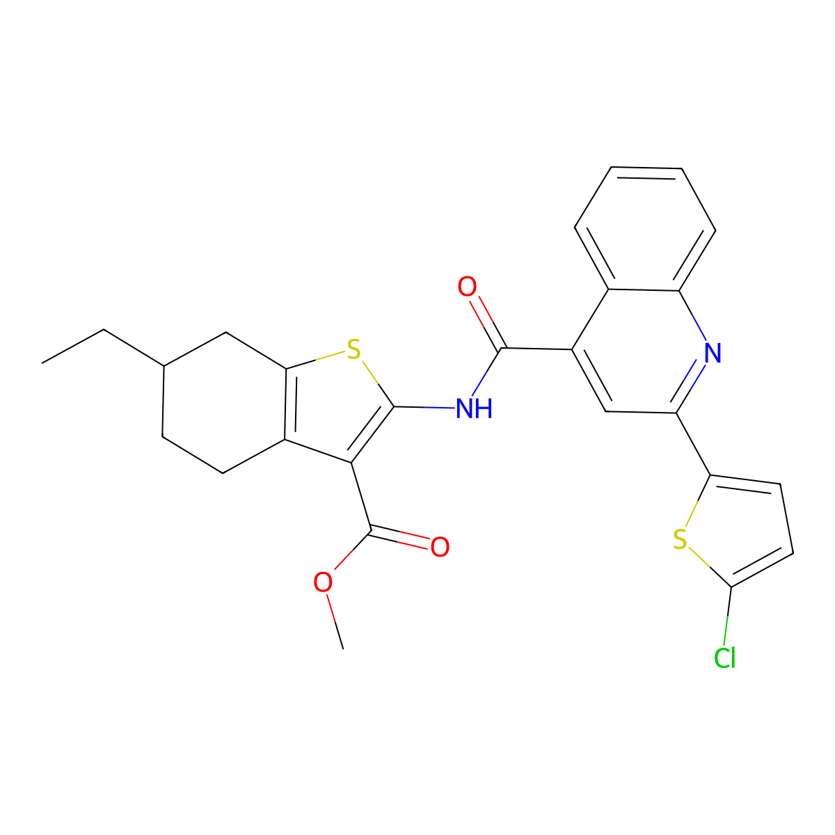 Methyl 2-({[2-(5-chlorothiophen-2-yl)quinolin-4-yl]carbonyl}amino)-6-ethyl-4,5,6,7-tetrahydro-1-benzothiophene-3-carboxylate molecular structure, CAS 5694-14-4