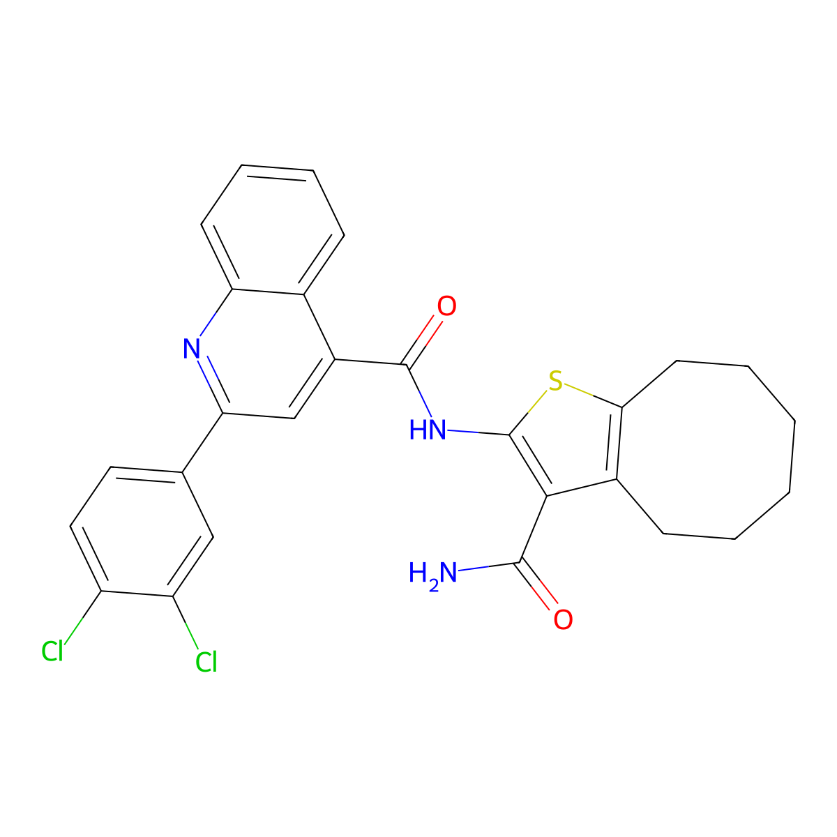 N-(3-carbamoyl-4,5,6,7,8,9-hexahydrocycloocta[b]thiophen-2-yl)-2-(3,4-dichlorophenyl)quinoline-4-carboxamide molecular structure, CAS 5694-15-5