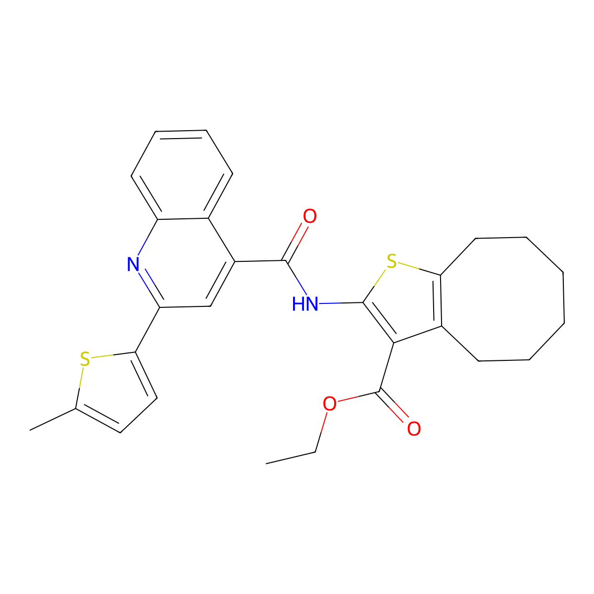 Ethyl 2-[[2-(5-methylthiophen-2-yl)quinoline-4-carbonyl]amino]-4,5,6,7,8,9-hexahydrocycloocta[b]thiophene-3-carboxylate molecular structure, CAS 5695-28-3