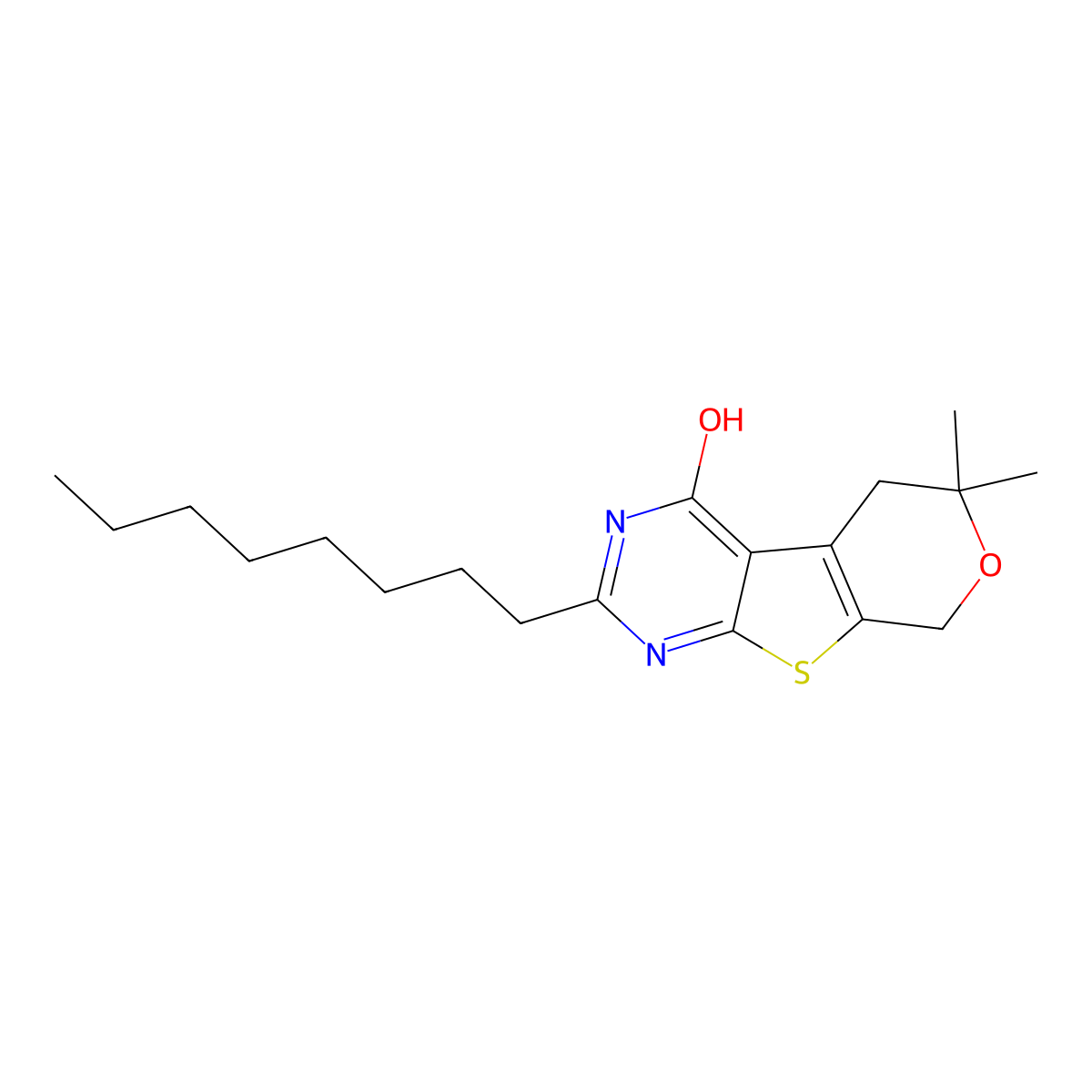 6,6-dimethyl-2-octyl-3,5,6,8-tetrahydro-4H-pyrano[4',3':4,5]thieno[2,3-d]pyrimidin-4-one molecular structure, CAS 5695-74-9