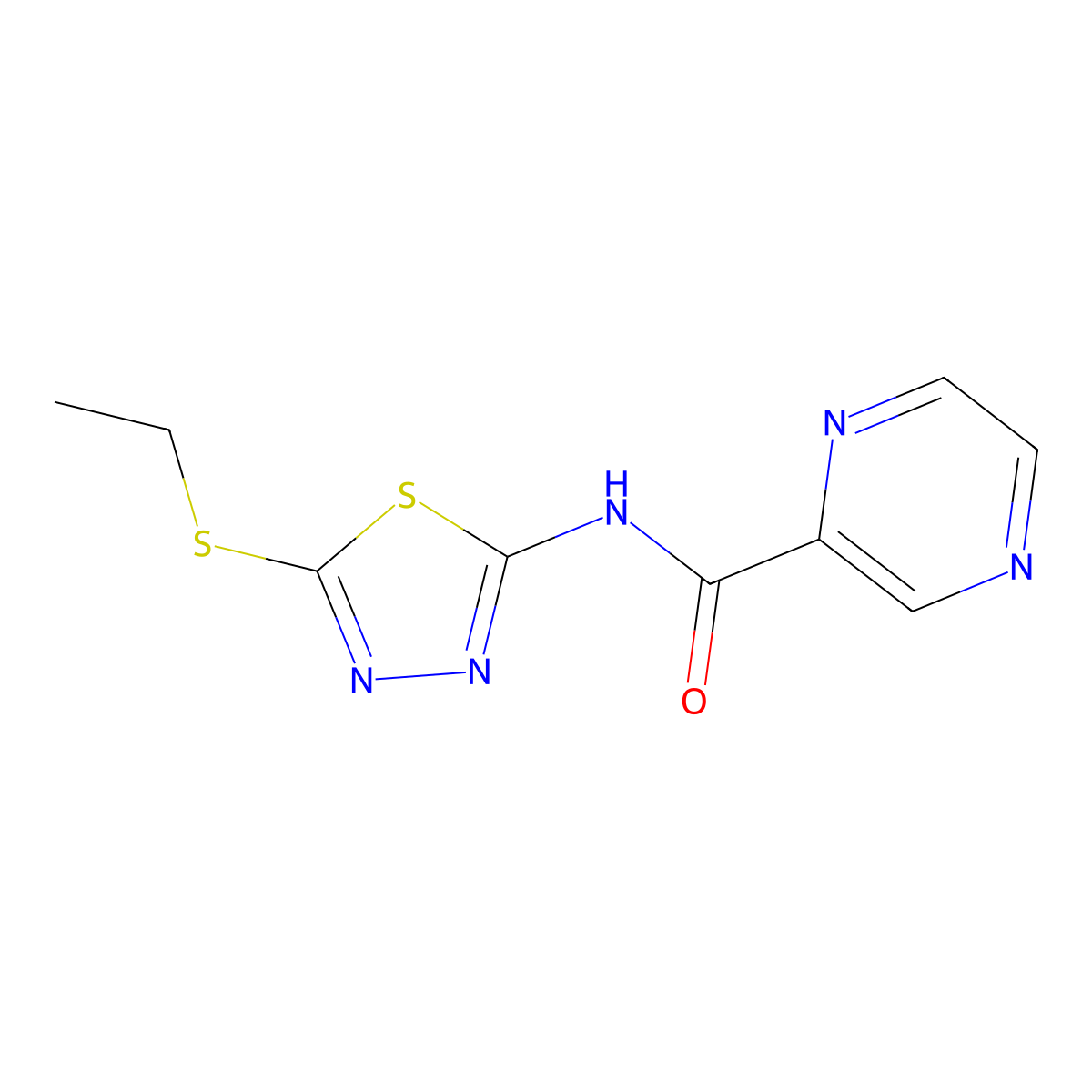 N-(5-ethylsulfanyl-1,3,4-thiadiazol-2-yl)pyrazine-2-carboxamide molecular structure, CAS 5695-75-0
