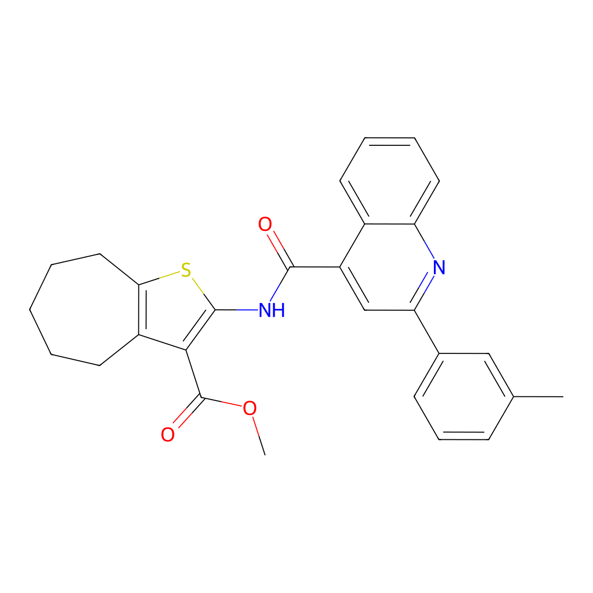 methyl 2-({[2-(3-methylphenyl)quinolin-4-yl]carbonyl}amino)-5,6,7,8-tetrahydro-4H-cyclohepta[b]thiophene-3-carboxylate molecular structure, CAS 5696-53-7