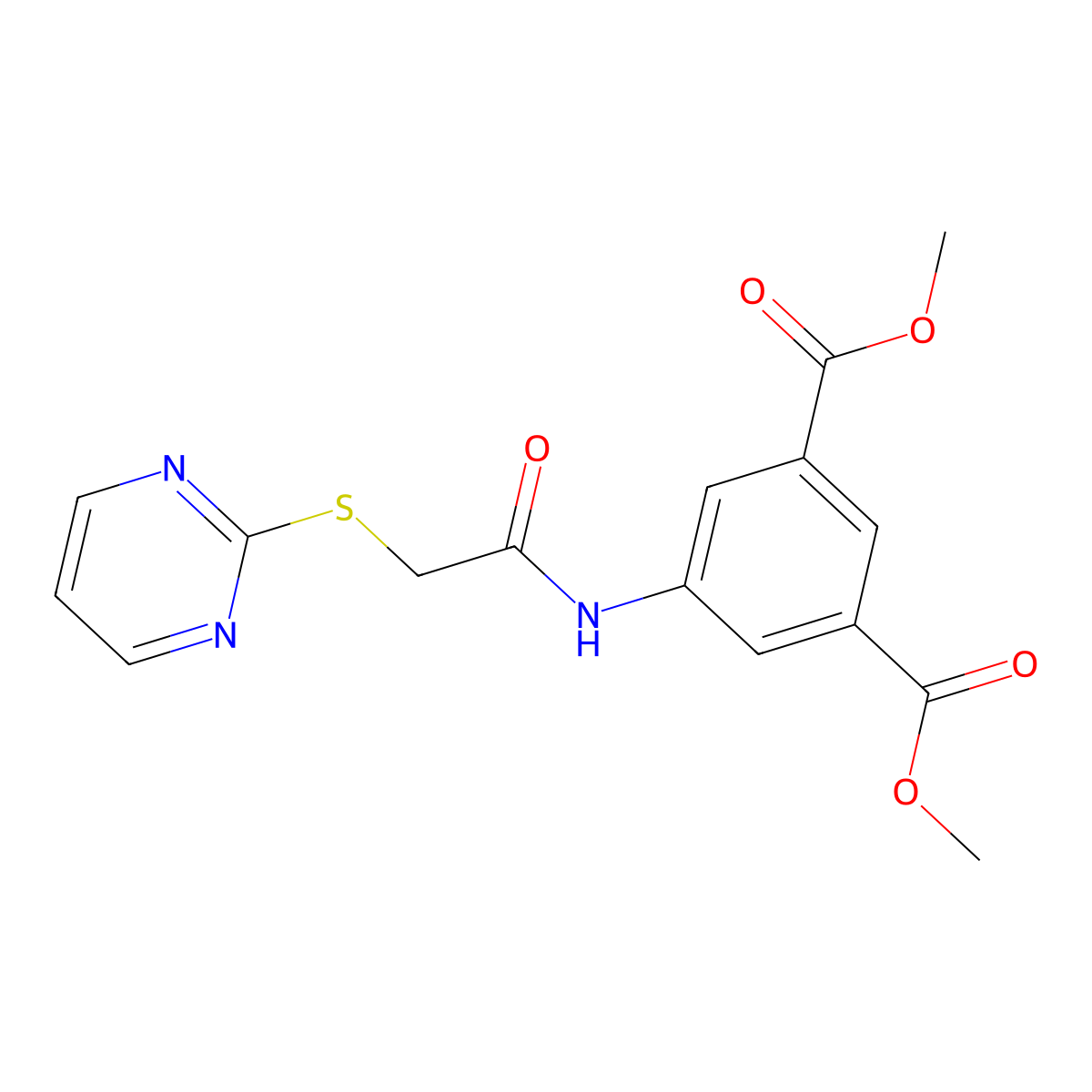 Methyl 3-(methoxycarbonyl)-5-(2-pyrimidin-2-ylthioacetylamino)benzoate molecular structure, CAS 569633-18-7