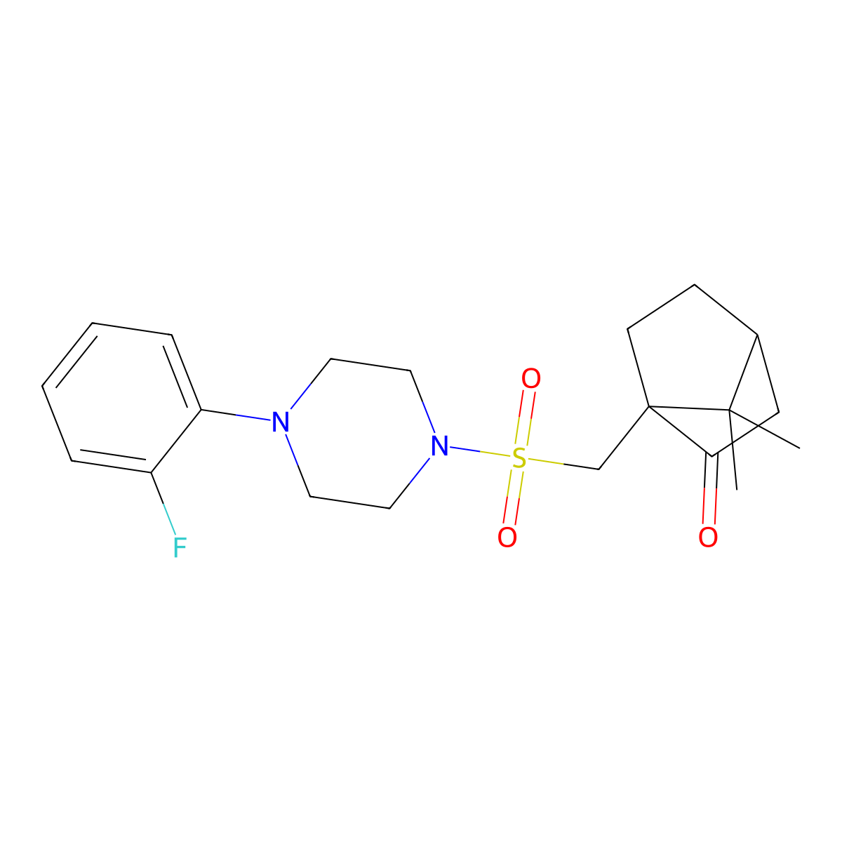 (4R)-1-(((4-(2-fluorophenyl)piperazin-1-yl)sulfonyl)methyl)-7,7-dimethylbicyclo[2.2.1]heptan-2-one molecular structure, CAS 569651-70-3
