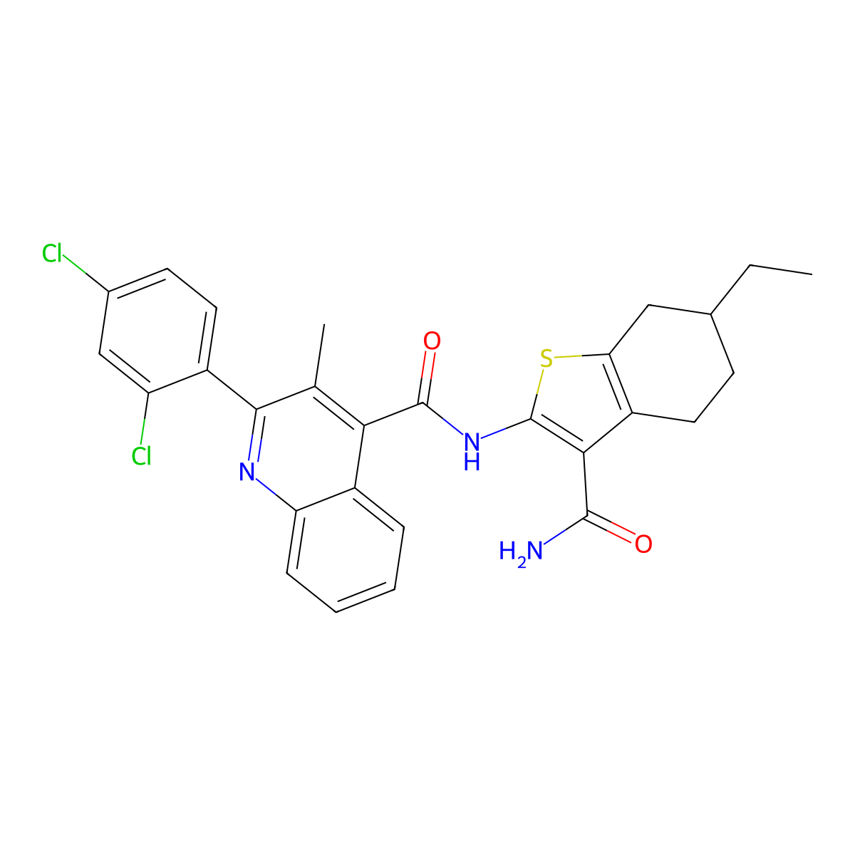 N-(3-carbamoyl-6-ethyl-4,5,6,7-tetrahydro-1-benzothiophen-2-yl)-2-(2,4-dichlorophenyl)-3-methylquinoline-4-carboxamide molecular structure, CAS 5697-38-1