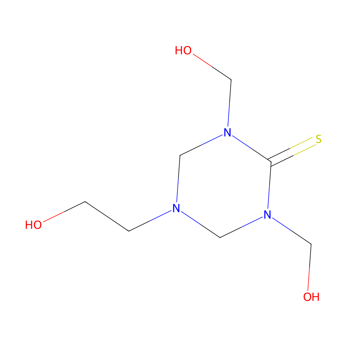 Tetrahydro-5-(2-hydroxyethyl)-1,3-bis(hydroxymethyl)-1,3,5-triazine-2(1H)-thione molecular structure, CAS 56975-07-6