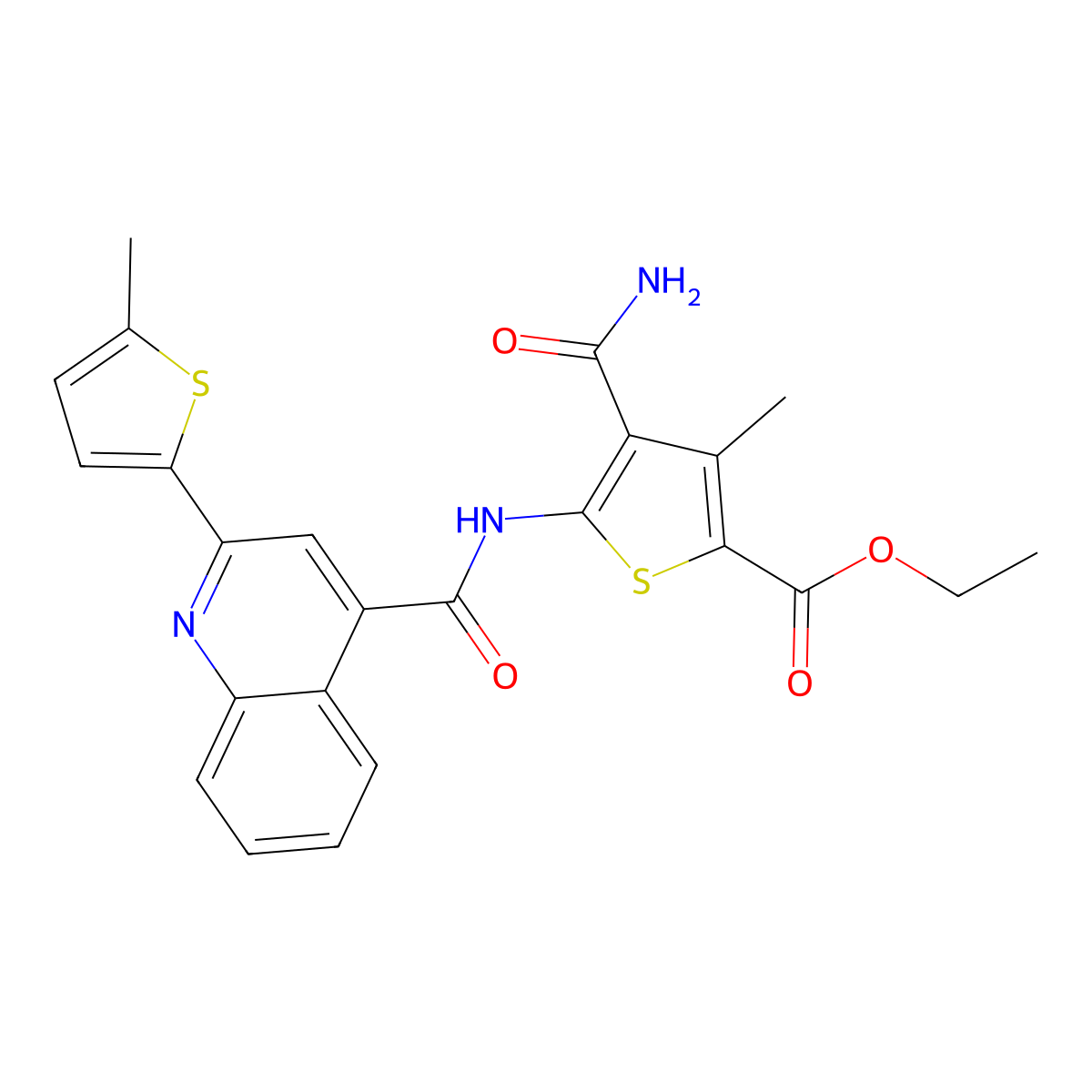 Ethyl 4-carbamoyl-3-methyl-5-({[2-(5-methylthiophen-2-yl)quinolin-4-yl]carbonyl}amino)thiophene-2-carboxylate molecular structure, CAS 5698-04-4