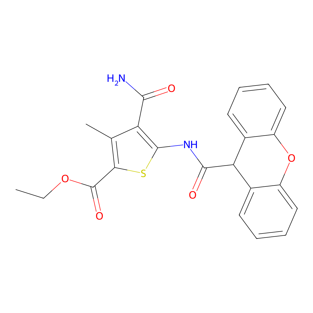 ethyl 4-carbamoyl-3-methyl-5-(9H-xanthene-9-carbonylamino)thiophene-2-carboxylate molecular structure, CAS 5698-18-0