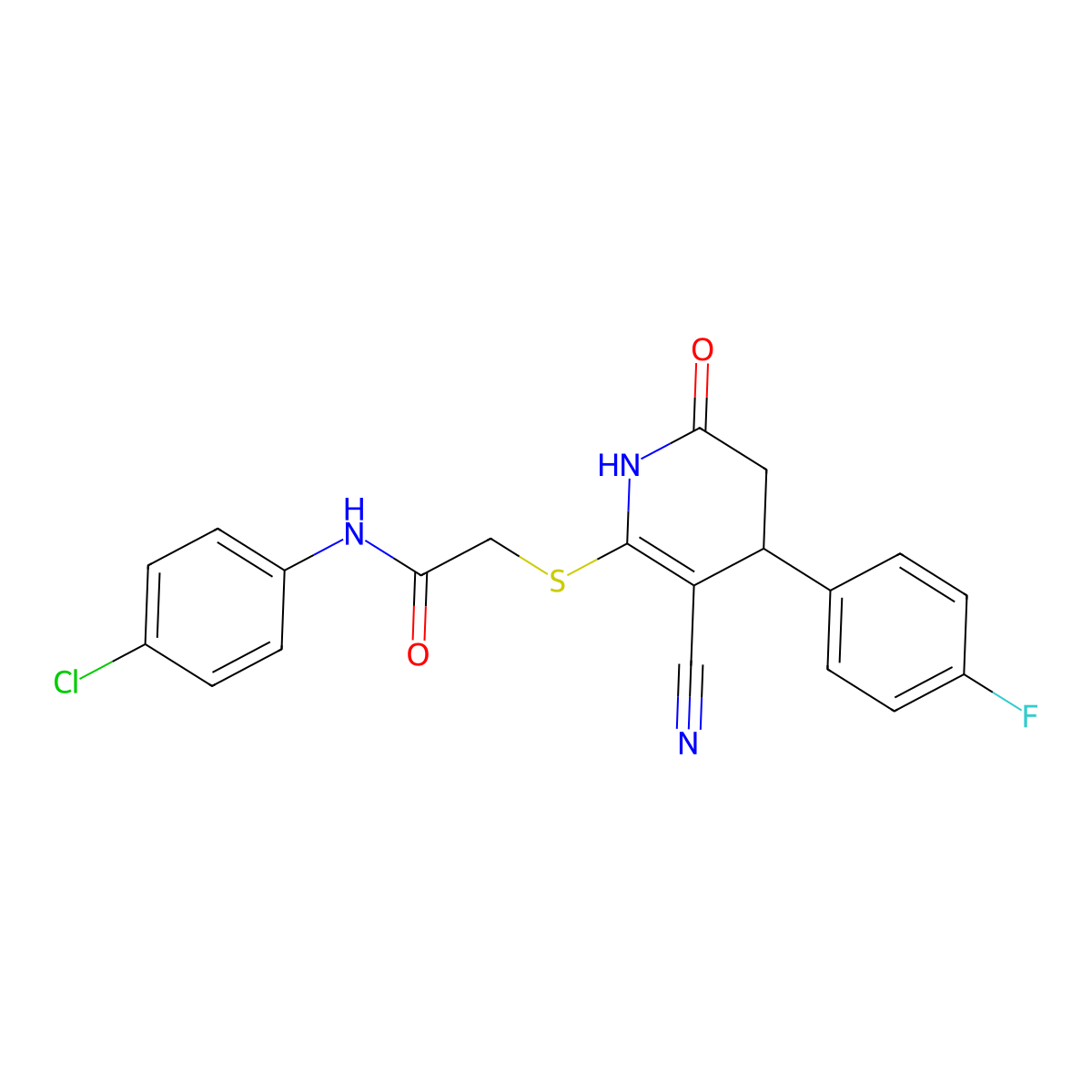 N-(4-chlorophenyl)-2-{[3-cyano-4-(4-fluorophenyl)-6-oxo-1,4,5,6-tetrahydropyridin-2-yl]sulfanyl}acetamide molecular structure, CAS 5698-24-8