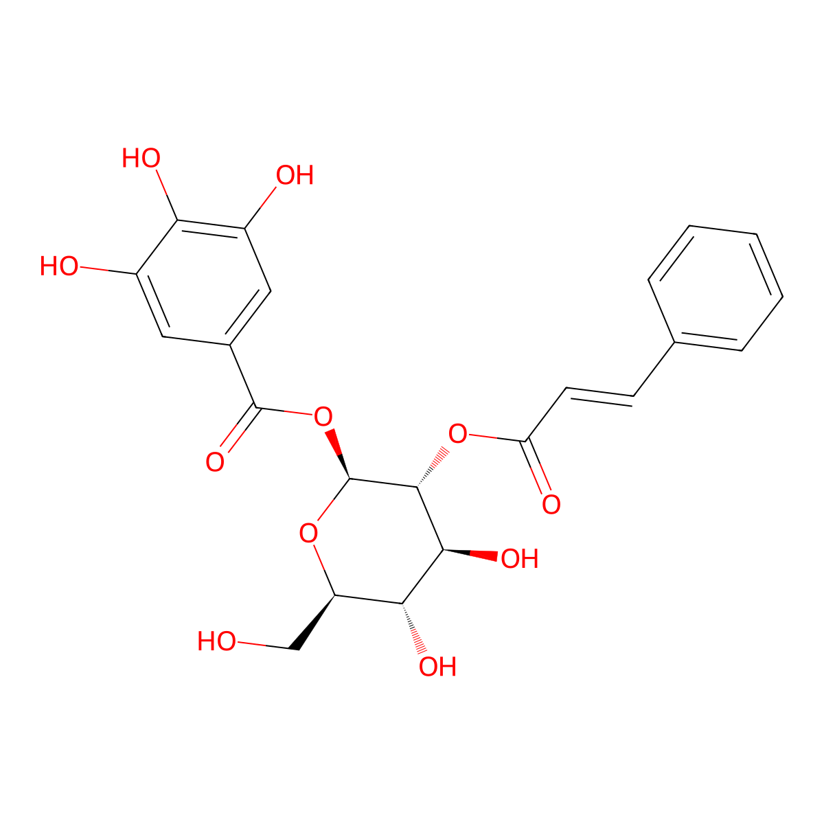 beta-D-Glucopyranose, 2-((2E)-3-phenyl-2-propenoate) 1-(3,4,5-trihydroxybenzoate) molecular structure, CAS 56994-83-3