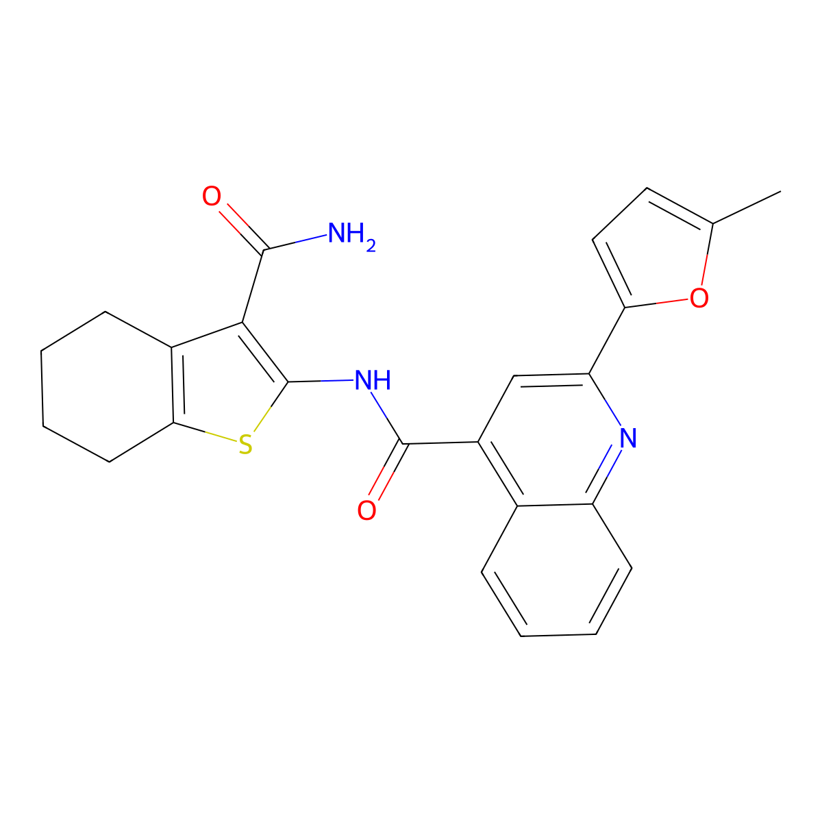 N-(3-carbamoyl-4,5,6,7-tetrahydro-1-benzothiophen-2-yl)-2-(5-methylfuran-2-yl)quinoline-4-carboxamide molecular structure, CAS 5700-37-8