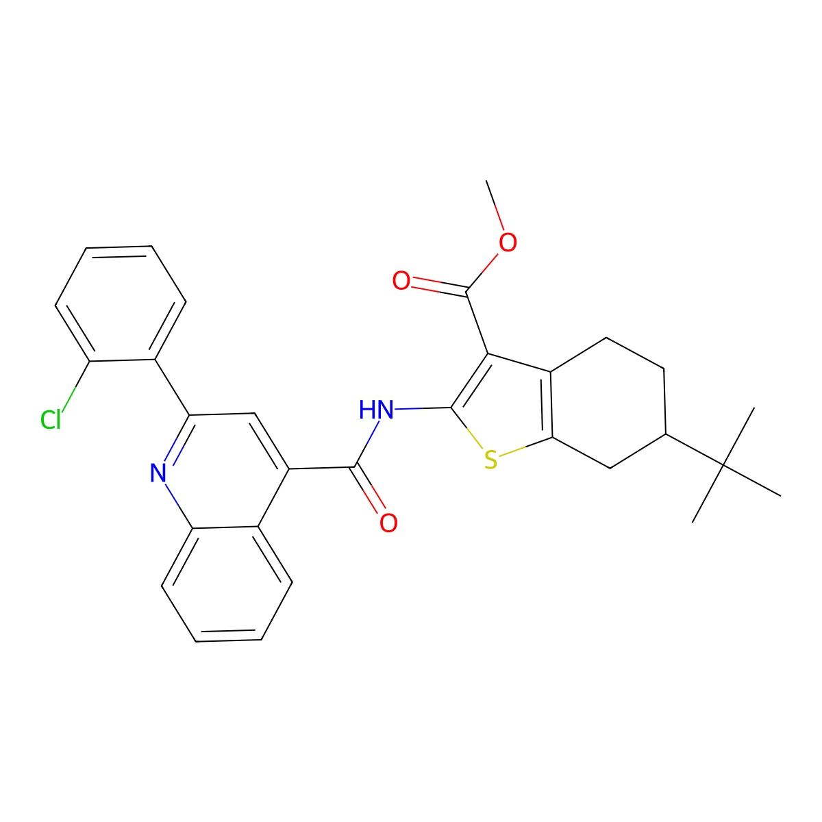 Methyl 6-tert-butyl-2-({[2-(2-chlorophenyl)quinolin-4-yl]carbonyl}amino)-4,5,6,7-tetrahydro-1-benzothiophene-3-carboxylate molecular structure, CAS 5700-54-9