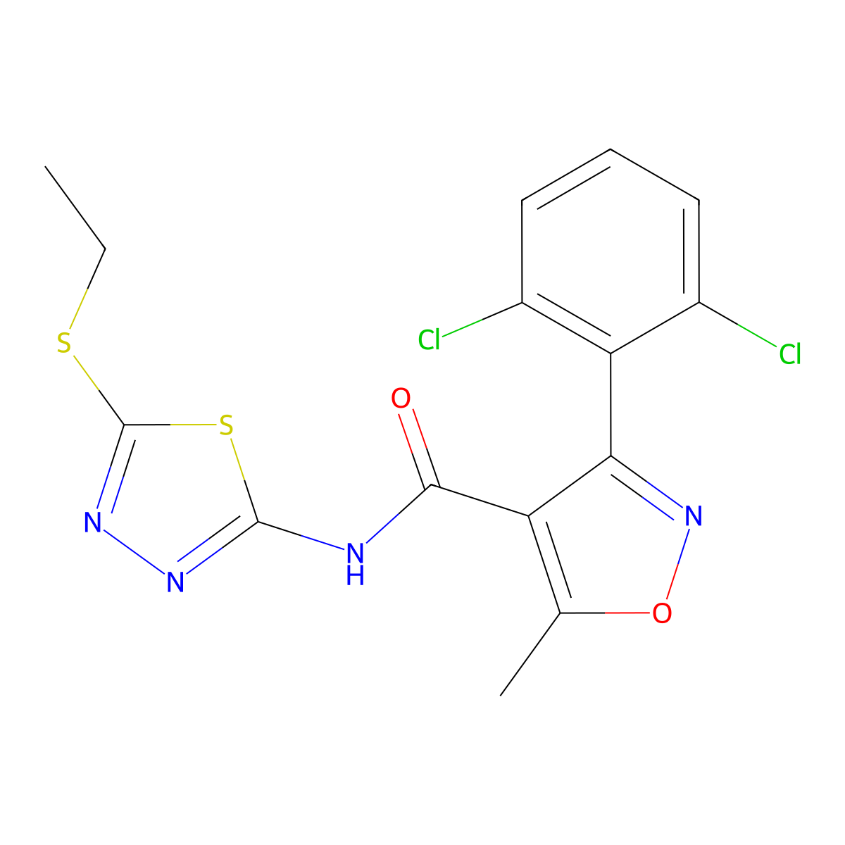 3-(2,6-dichlorophenyl)-N-[5-(ethylsulfanyl)-1,3,4-thiadiazol-2-yl]-5-methyl-1,2-oxazole-4-carboxamide molecular structure, CAS 5701-55-3