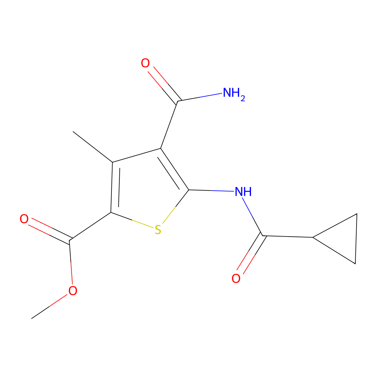 Methyl 4-carbamoyl-5-(cyclopropanecarbonylamino)-3-methyl-thiophene-2-carboxylate molecular structure, CAS 5701-62-2