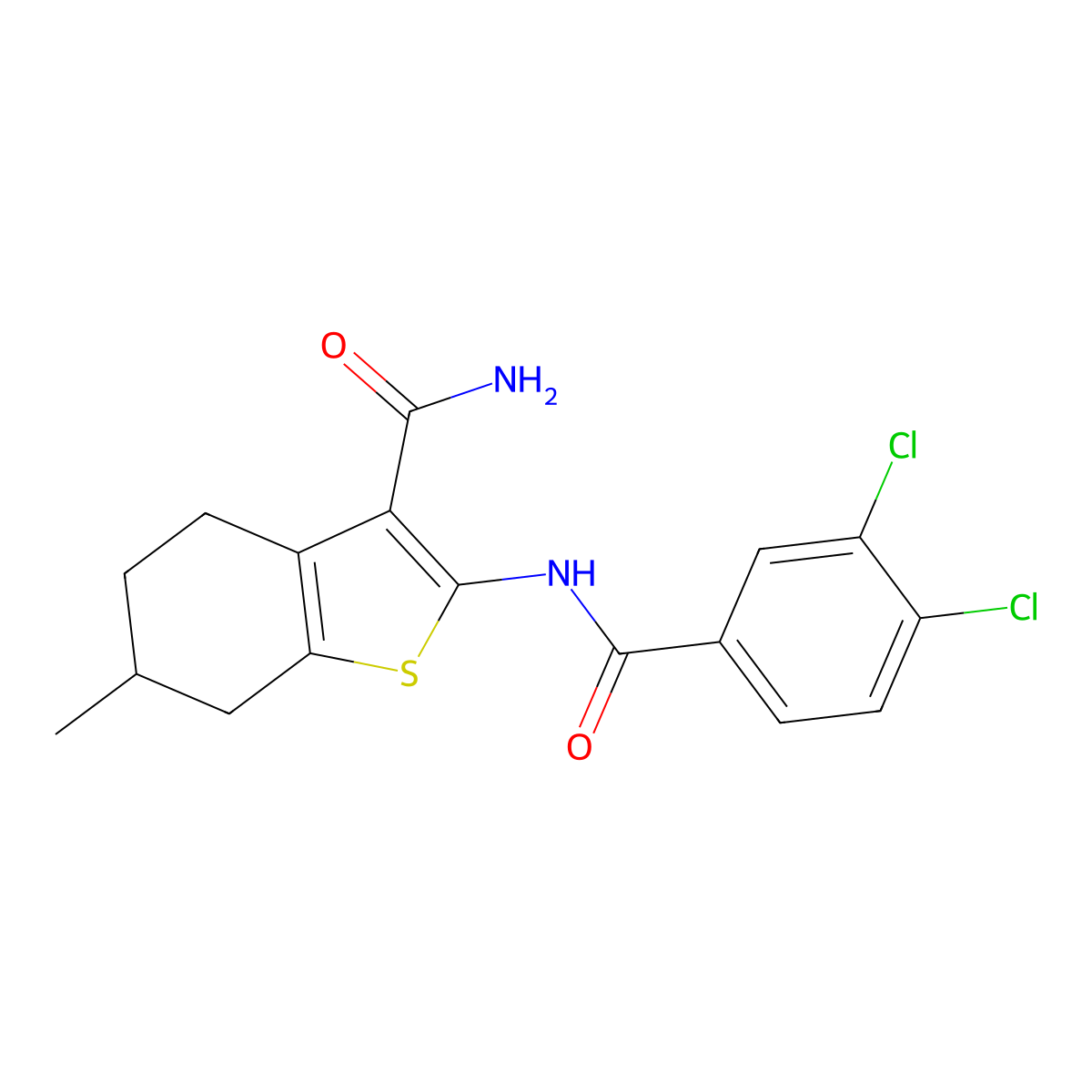 2-{[(3,4-Dichlorophenyl)carbonyl]amino}-6-methyl-4,5,6,7-tetrahydro-1-benzothiophene-3-carboxamide molecular structure, CAS 5702-54-5