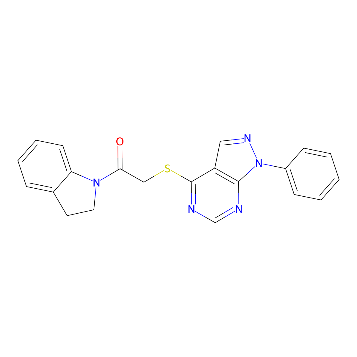 1-(indolin-1-yl)-2-((1-phenyl-1H-pyrazolo[3,4-d]pyrimidin-4-yl)thio)ethanone molecular structure, CAS 570363-42-7