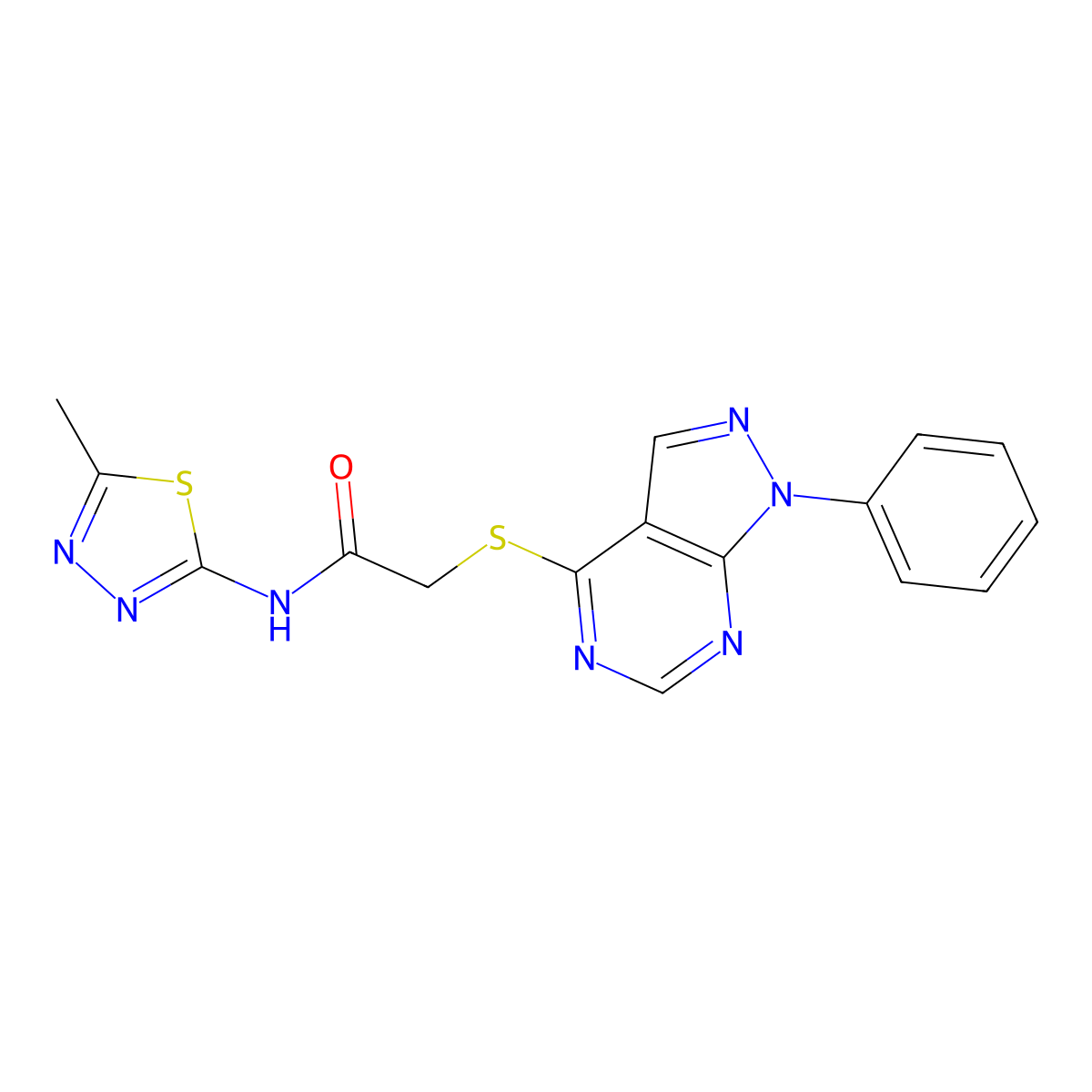 N-(5-methyl-1,3,4-thiadiazol-2-yl)-2-(1-phenylpyrazolo[3,4-d]pyrimidin-4-yl)sulfanylacetamide molecular structure, CAS 570363-44-9
