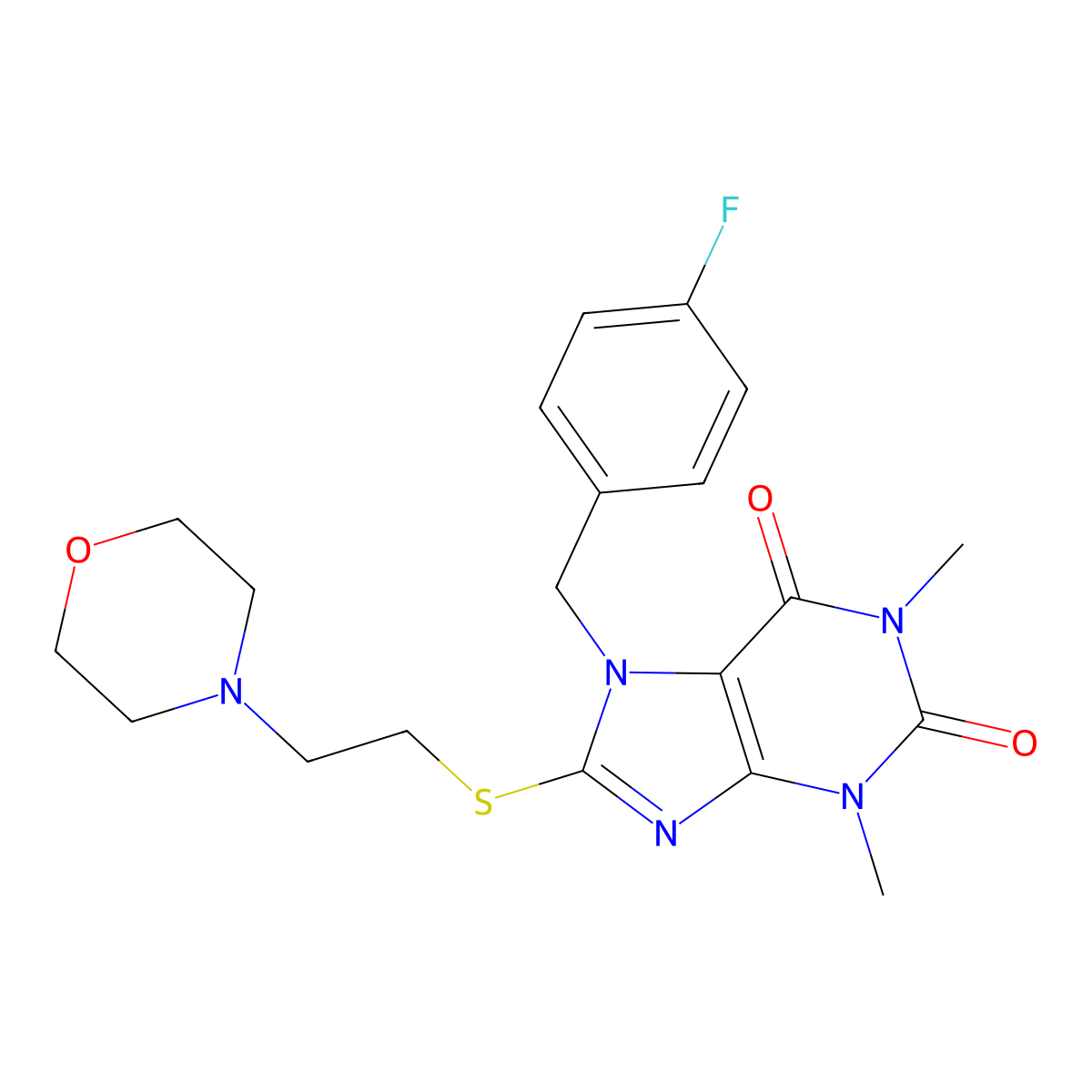 7-[(4-Fluorophenyl)methyl]-1,3-dimethyl-8-(2-morpholin-4-ylethylsulfanyl)purine-2,6-dione molecular structure, CAS 570368-51-3