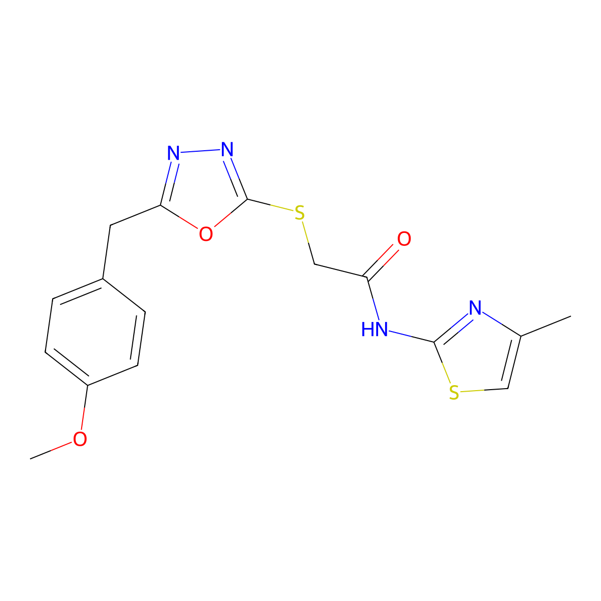 2-[[5-[(4-methoxyphenyl)methyl]-1,3,4-oxadiazol-2-yl]thio]-N-(4-methyl-2-thiazolyl)acetamide molecular structure, CAS 570374-86-6