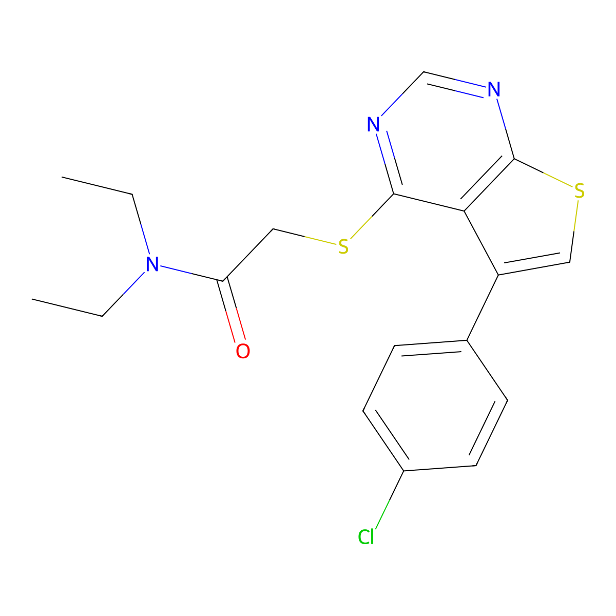 2-[5-(4-chlorophenyl)thiopheno[3,2-e]pyrimidin-4-ylthio]-N,N-diethylacetamide molecular structure, CAS 570380-94-8