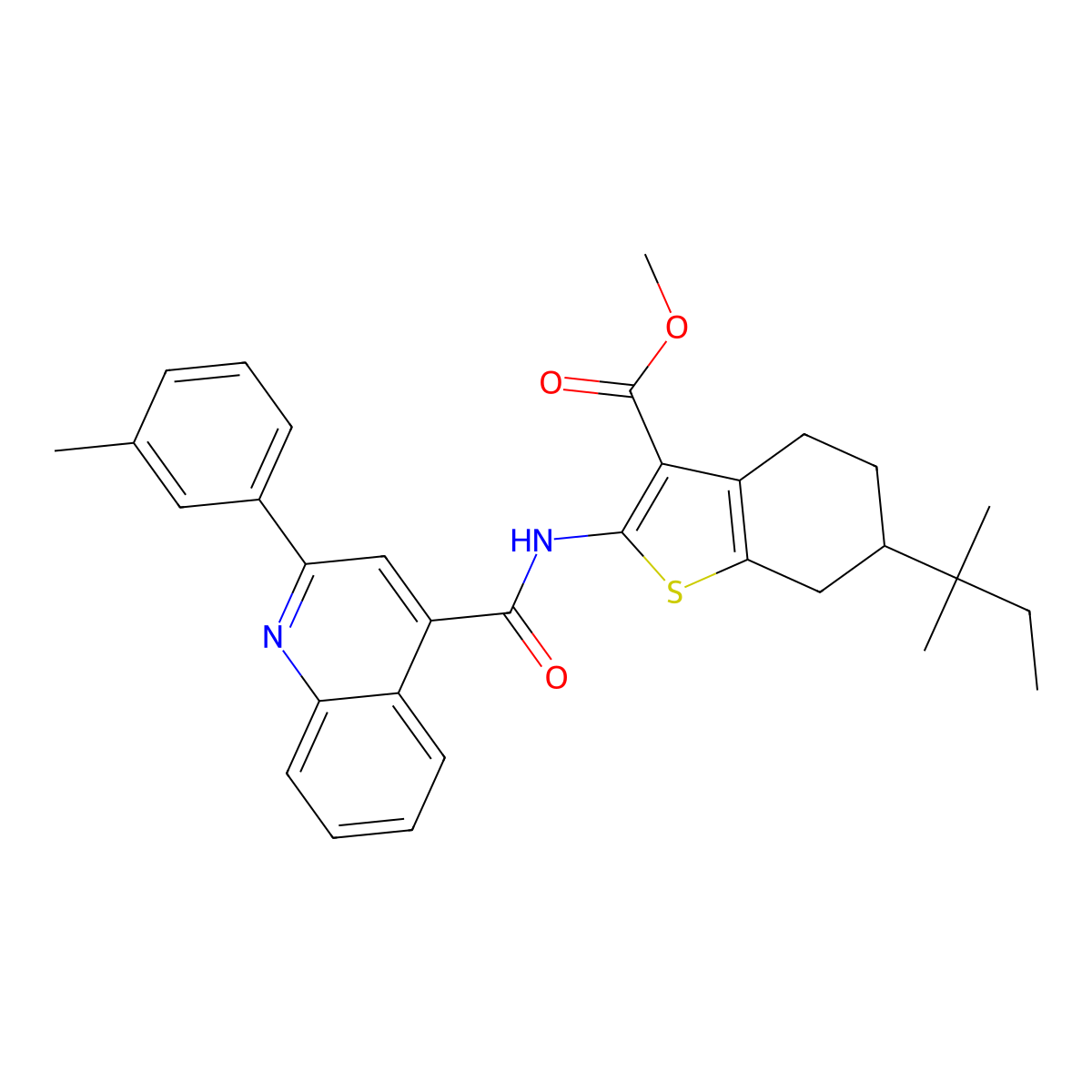 Methyl 6-(2-methylbutan-2-yl)-2-[[2-(3-methylphenyl)quinoline-4-carbonyl]amino]-4,5,6,7-tetrahydro-1-benzothiophene-3-carboxylate molecular structure, CAS 5704-06-3