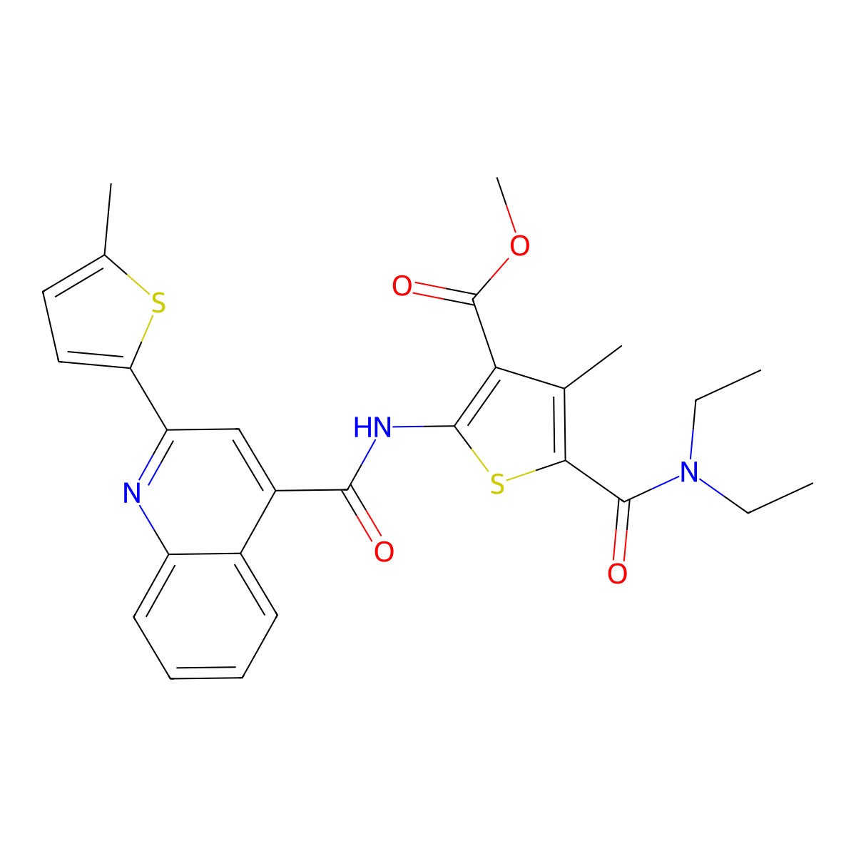 Methyl 5-(diethylcarbamoyl)-4-methyl-2-[[2-(5-methylthiophen-2-yl)quinoline-4-carbonyl]amino]thiophene-3-carboxylate molecular structure, CAS 5704-08-5