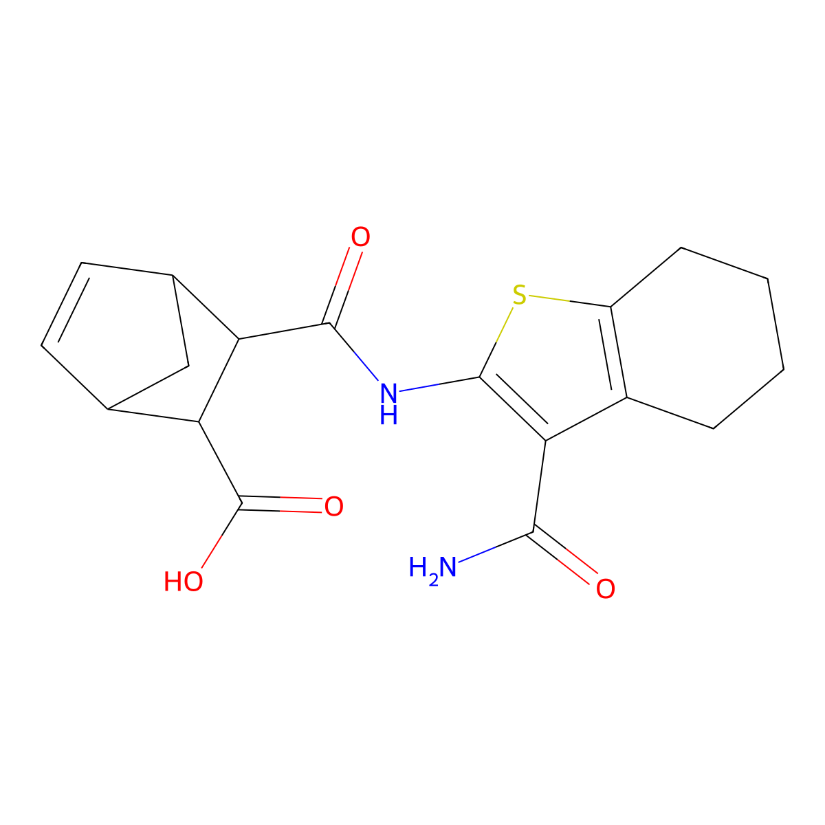 3-[(3-Carbamoyl-4,5,6,7-tetrahydro-1-benzothiophen-2-yl)carbamoyl]bicyclo[2.2.1]hept-5-ene-2-carboxylic acid molecular structure, CAS 5704-26-7