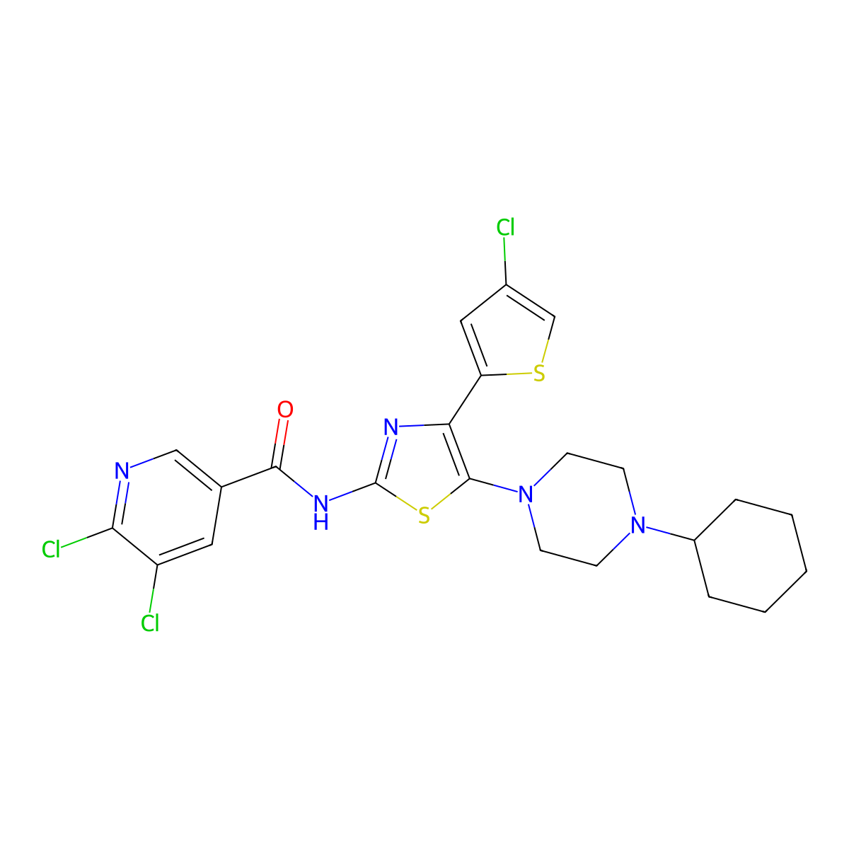 5,6-Dichloro-N-(4-(4-chlorothiophen-2-yl)-5-(4-cyclohexylpiperazin-1-yl)thiazol-2-yl)nicotinamide molecular structure, CAS 570403-04-2