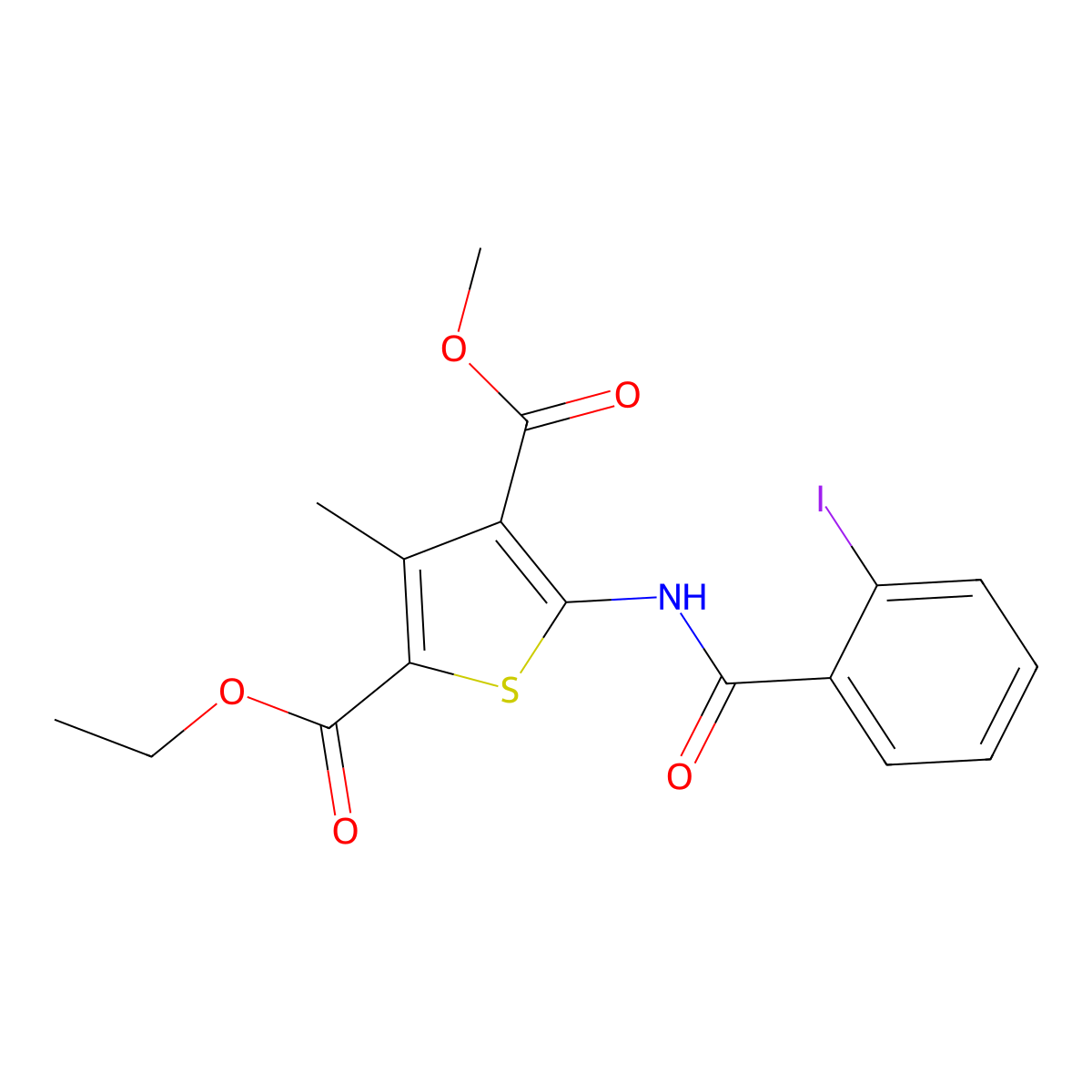 2-Ethyl 4-methyl 5-[(2-iodobenzoyl)amino]-3-methyl-2,4-thiophenedicarboxylate molecular structure, CAS 570417-40-2