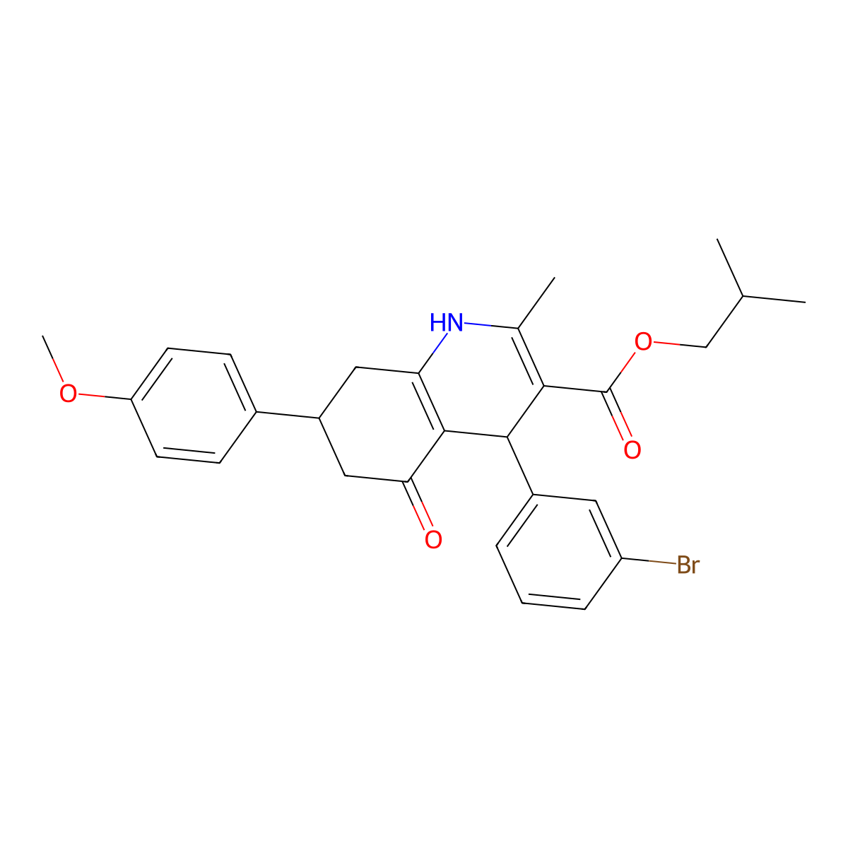 2-Methylpropyl 4-(3-bromophenyl)-7-(4-methoxyphenyl)-2-methyl-5-oxo-1,4,5,6,7,8-hexahydroquinoline-3-carboxylate molecular structure, CAS 5707-36-8