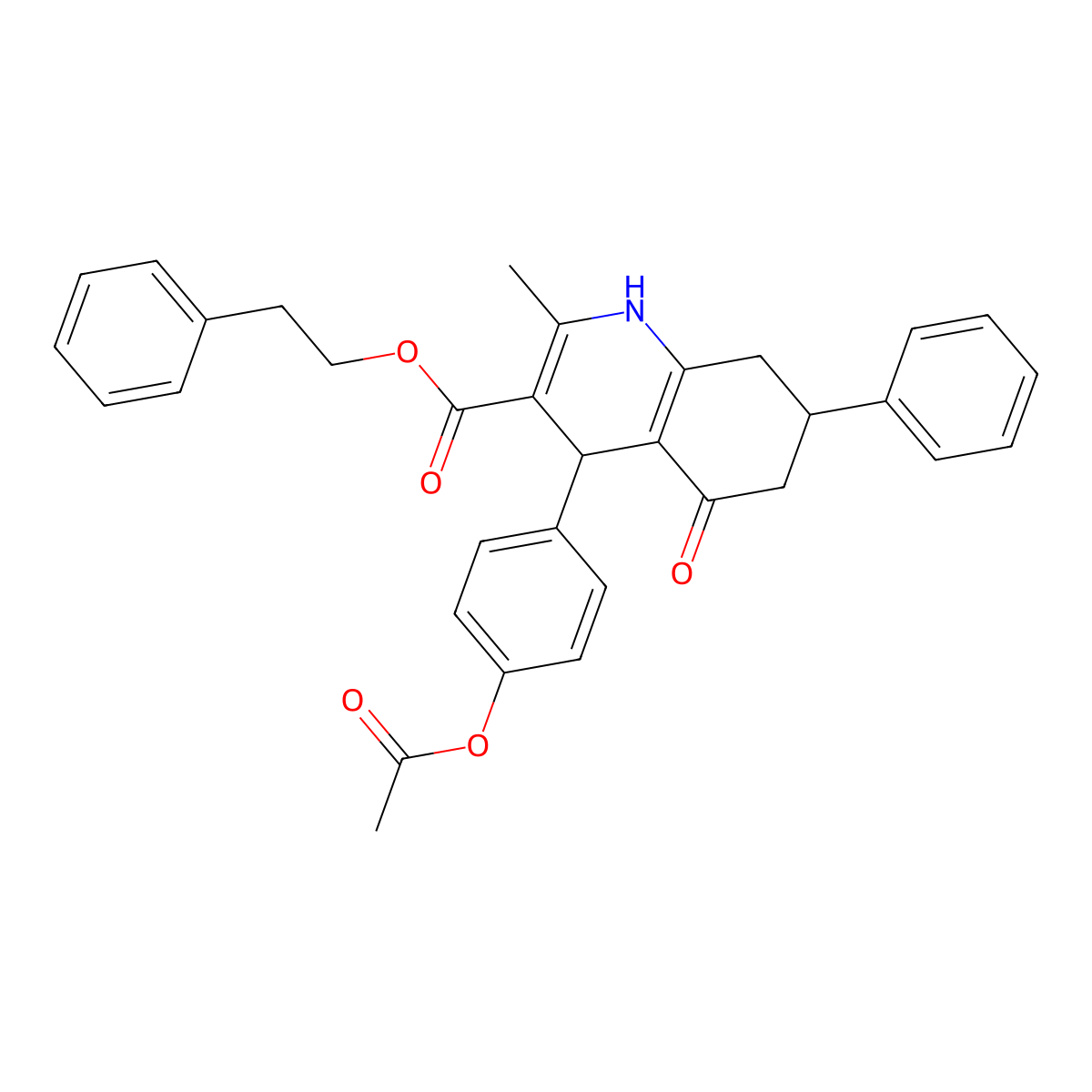 2-Phenylethyl 4-[4-(acetyloxy)phenyl]-2-methyl-5-oxo-7-phenyl-1,4,5,6,7,8-hexahydroquinoline-3-carboxylate molecular structure, CAS 5707-54-0