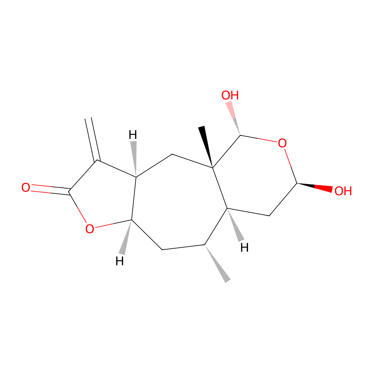 (3aR,4aS,5R,7R,8aS,9R,10aR)-Decahydro-5,7-dihydroxy-4a,9-dimethyl-3-methylenefuro(2',3':5,6)cyclohepta(1,2-c)pyran-2(3H)-one molecular structure, CAS 57074-51-8