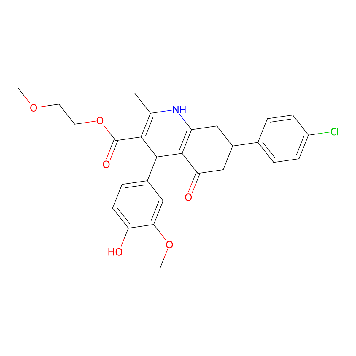 2-Methoxyethyl 7-(4-chlorophenyl)-4-(4-hydroxy-3-methoxyphenyl)-2-methyl-5-oxo-1,4,5,6,7,8-hexahydroquinoline-3-carboxylate molecular structure, CAS 5708-41-8